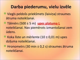 Darba piederumu, vielu izvēle 
Viegls peldošs priekšmets (laiviņa) straumes 
ātruma noteikšanai. 
Tālmērs (500 ± 5 m) upes platuma L 
noteikšanai. Nav piemērots izmantošanai zem 
ūdens. 
Koka līste un mērlente (10 ± 0,01 m) upes 
dziļuma noteikšanai. 
Hronometrs (30 min ± 0,2 s) straumes ātruma 
noteikšanai. 
 