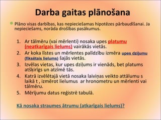 Darba gaitas plānošana 
Plāno visas darbības, kas nepieciešamas hipotēzes pārbaudīšanai. Ja 
nepieciešams, norāda drošības pasākumus. 
1. Ar tālmēru (vai mērlenti) nosaka upes platumu 
(neatkarīgais lielums) vairākās vietās. 
2. Ar koka līstes un mērlentes palīdzību izmēra upes dziļumu 
(fiksētais lielums) šajās vietās. 
3. Izvēlas vietas, kur upes dziļums ir vienāds, bet platums 
atšķirīgs un atzīmē tās. 
4. Katrā izvēlētajā vietā nosaka laiviņas veikto attālumu s 
laikā t , izmērot lielumus ar hronometru un mērlenti vai 
tālmēru. 
5. Mērījumu datus reģistrē tabulā. 
Kā nosaka straumes ātrumu (atkarīgais lielums)? 
 
