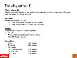 Ticketing policy (1)
Ticket price : 15€
We chose a price friendly to the audience and also we could not have much difference
with the prices of «Μήνας Χορού».
Printings:
We printed 2 kind of tickets:
– 1400 tickets with the price on for 4 shows
– 800 tickets without price for the invitations
Presale :
We made presale to the following points:
• IANOS
• Metropolis( Panepistimiou-Kolonaki-Kifisia )
• Ticket Net.gr ( e-tickets)
Quantities :
• Ianos 400 tickets
• E-tickets 250 tickets
• Metropolis
– Panepistimiou 250 tickets
– Kolonaki 250 tickets
– Kifisia 250 tickets
 