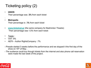 Ticketing policy (2)
• IANOS
Their percentage was 2% from each ticket
.
• Metropolis
Their percentage is 3% from each ticket
• www.ticketnet.gr (the same company for Badminton Theatre)
Their percentage was 1,5% from each ticket
• Taxes :
• VAT: 9%
• ΑΕΠΙ – Author RightsCompany : 7%
- Presale started 3 weeks before the performance and we stopped it the first day of the
show on 15th of May .
- The audience could buy though tickets from the internet and also phone call reservation
were made the last week of the project.
 