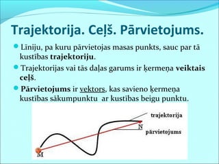 Trajektorija. Ceļš. Pārvietojums.
Līniju, pa kuru pārvietojas masas punkts, sauc par tā
 kustības trajektoriju.
Trajektorijas vai tās daļas garums ir ķermeņa veiktais
 ceļš.
Pārvietojums ir vektors, kas savieno ķermeņa
 kustības sākumpunktu ar kustības beigu punktu.
 