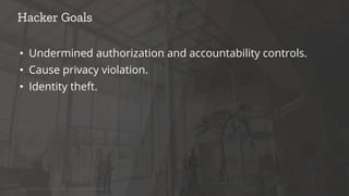 • Undermined authorization and accountability controls.
• Cause privacy violation.
• Identity theft.
Hacker Goals
Source: Placeholder text. Delete this box if source is not needed
 