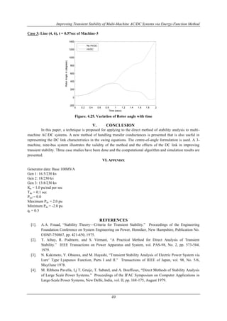Improving Transient Stability of Multi-Machine AC/DC Systems via Energy-Function Method 
No HVDC 
HVDC 
0 0.2 0.4 0.6 0.8 1 1.2 1.4 1.6 1.8 2 
Time (secs) 
49 
Case 3: Line (4, 6), t = 0.57sec of Machine-3 
Figure. 4.25. Variation of Rotor angle with time 
V. CONCLUSION 
1400 
1200 
1000 
800 
600 
400 
200 
0 
-200 
Rotor Angle in (degrees) 
In this paper, a technique is proposed for applying to the direct method of stability analysis to multi-machine 
AC/DC systems. A new method of handling transfer conductances is presented that is also useful in 
representing the DC link characteristics in the swing equations. The centre-of-angle formulation is used. A 3- 
machine, nine-bus system illustrates the validity of the method and the effects of the DC link in improving 
transient stability. Three case studies have been done and the computational algorithm and simulation results are 
presented. 
VI. APPENDIX 
Generator data: Base 100MVA 
Gen 1: 16.5/230 kv 
Gen 2: 18/230 kv 
Gen 3: 13.8/230 kv 
Ka = 1.0 pu/rad per sec 
Tdc = 0.1 sec 
Pref = 0.0 
Maximum Pdc = 2.0 pu 
Minimum Pdc = -2.0 pu 
qr = 0.5 
REFERENCES 
[1]. A.A. Fouad, “Stability Theory—Criteria for Transient Stability.” Proceedings of the Engineering 
Foundation Conference on System Engineering on Power, Henniker, New Hampshire, Publication No. 
CONF-750867, pp. 421-450, 1975. 
[2]. T. Athay, R. Podmore, and S. Virmani, “A Practical Method for Direct Analysis of Transient 
Stability.” IEEE Transactions on Power Apparatus and System, vol. PAS-98, No. 2, pp. 573-584, 
1979. 
[3]. N. Kakimoto, Y. Ohsawa, and M. Hayashi, “Transient Stability Analysis of Electric Power System via 
Lure’ Type Lyapunov Function, Parts I and II.” Transactions of IEEE of Japan, vol. 98, No. 5/6, 
May/June 1978. 
[4]. M. Ribbens Pavella, Lj T. Gruijc, T. Sabatel, and A. Bouffioux, “Direct Methods of Stability Analysis 
of Large Scale Power Systems.” Proceedings of the IFAC Symposium on Computer Applications in 
Large-Scale Power Systems, New Delhi, India, vol. II, pp. 168-175, August 1979. 
 