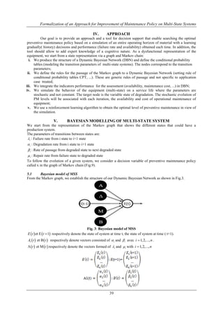 Formalization of an Approach for Improvement of Maintenance Policy on Multi-State Systems 
IV. APPROACH 
Our goal is to provide an approach and a tool for decision support that enable searching the optimal 
preventive maintenance policy based on a simulation of an entire operating horizon of material with a learning 
gradually( history) decisions and performance (failure rate and availability) obtained each time. In addition, the 
tool should allow to add expert knowledge of a cognitive nature. As a dysfunctional representation of the 
equipment, we start from a state representation via a graph and Markov chain: 
i. We produce the structure of a Dynamic Bayesian Network (DBN) and define the conditional probability 
tables (modeling the transition parameters of multi-state systems). The nodes correspond to the transition 
parameters; 
ii. We define the rules for the passage of the Markov graph to a Dynamic Bayesian Network (setting rule of 
conditional probability tables CPT, ...). These are generic rules of passage and not specific to application 
case treated; 
iii. We integrate the indicators performance for the assessment (availability, maintenance cost, ...) in DBN; 
iv. We simulate the behavior of the equipment (multi-state) on a service life where the parameters are 
stochastic and not constant. The target node is the variable state of degradation. The stochastic evolution of 
PM levels will be associated with each iteration, the availability and cost of operational maintenance of 
equipment; 
v. We use a reinforcement learning algorithm to obtain the optimal level of preventive maintenance in view of 
39 
the simulation. 
V. BAYESIAN MODELLING OF MULTI-STATE SYSTEM 
We start from the representation of the Markov graph that shows the different states that could have a 
production system. 
The parameters of transitions between states are: 
i  
: Failure rate from i state to i+1 state 
i  
: Degradation rate from i state to i+1 state 
i  
: Rate of passage from degraded state to next degraded state 
i  
: Repair rate from failure state to degraded state 
To follow the evolution of a given system, we consider a decision variable of preventive maintenance policy 
called x in the graph of Markov chain (Fig.9). 
5.1 Bayesian model of MSS 
From the Markov graph, we establish the structure of our Dynamic Bayesian Network as shown in Fig.3. 
Fig. 3: Bayesian model of MSS 
i i  
 
Et et Et 1 respectively denote the state of system at time t, the state of system at time ( t+1). 
A  t  et   t  respectively denote vectors consisted of and avec i 1,2,...,n . 
1 t  et t  respectively denote the vectors formed of i  
and i  
with i 1,2,...,n 
 