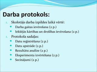 Darba protokols: 
1. Skolotājs darba izpildes laikā vērtē: 
 Darba gaitas ievērošana (2 p.) 
 Iekšējās kārtības un drošības ievērošana (2 p.) 
1. Protokola sadaļas: 
 Datu reģistrēšana (2 p.) 
 Datu apstrāde (2 p.) 
 Rezultātu analīze (2 p.) 
 Eksperimenta izvērtēšana (2 p.) 
 Secinājumi (2 p.) 
 