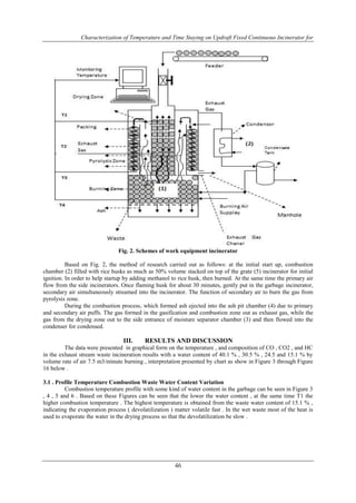 Characterization of Temperature and Time Staying on Updraft Fixed Continuous Incinerator for 
Fig. 2. Schemes of work equipment incinerator 
Based on Fig. 2, the method of research carried out as follows: at the initial start up, combustion 
chamber (2) filled with rice husks as much as 50% volume stacked on top of the grate (5) incinerator for initial 
ignition. In order to help startup by adding methanol to rice husk, then burned. At the same time the primary air 
flow from the side incinerators. Once flaming husk for about 30 minutes, gently put in the garbage incinerator, 
secondary air simultaneously streamed into the incinerator. The function of secondary air to burn the gas from 
pyrolysis zone. 
During the combustion process, which formed ash ejected into the ash pit chamber (4) due to primary 
and secondary air puffs. The gas formed in the gasification and combustion zone out as exhaust gas, while the 
gas from the drying zone out to the side entrance of moisture separator chamber (3) and then flowed into the 
condenser for condensed. 
III. RESULTS AND DISCUSSION 
The data were presented in graphical form on the temperature , and composition of CO , CO2 , and HC 
in the exhaust stream waste incineration results with a water content of 40.1 % , 30.5 % , 24.5 and 15.1 % by 
volume rate of air 7.5 m3/minute burning , interpretation presented by chart as show in Figure 3 through Figure 
16 below . 
3.1 . Profile Temperature Combustion Waste Water Content Variation 
Combustion temperature profile with some kind of water content in the garbage can be seen in Figure 3 
, 4 , 5 and 6 . Based on these Figures can be seen that the lower the water content , at the same time T1 the 
higher combustion temperature . The highest temperature is obtained from the waste water content of 15.1 % , 
indicating the evaporation process ( devolatilization ) matter volatile fast . In the wet waste most of the heat is 
used to evaporate the water in the drying process so that the devolatilization be slow . 
46 
 