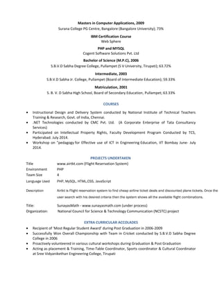 Masters in Computer Applications, 2009
Surana College PG Centre, Bangalore (Bangalore University); 73%
IBM Certification Course
Web Sphere
PHP and MYSQL
Cogent Software Solutions Pvt. Ltd
Bachelor of Science (M.P.C), 2006
S.B.V.D Sabha Degree College, Pullampet (S V University, Tirupati); 63.72%
Intermediate, 2003
S.B.V.D Sabha Jr. College, Pullampet (Board of Intermediate Education); 59.33%
Matriculation, 2001
S. B. V. D Sabha High School, Board of Secondary Education, Pullampet; 63.33%
COURSES
• Instructional Design and Delivery System conducted by National Institute of Technical Teachers
Training & Research, Govt. of India, Chennai.
• .NET Technologies conducted by CMC Pvt. Ltd. (A Corporate Enterprise of Tata Consultancy
Services)
• Participated on Intellectual Property Rights, Faculty Development Program Conducted by TCS,
Hyderabad. July 2014.
• Workshop on "pedagogy for Effective use of ICT in Engineering Education, IIT Bombay June- July
2014.
PROJECTS UNDERTAKEN
Title www.airtkt.com (Flight Reservation System)
Environment PHP
Team Size 4
Language Used PHP, MySQL, HTML,CSS, JavaScript
Description Airtkt is Flight reservation system to find cheap airline ticket deals and discounted plane tickets. Once the
user search with his desired criteria then the system shows all the available flight combinations.
Title: SunayasMath - www.sunayasmath.com (under process)
Organization: National Council for Science & Technology Communication (NCSTC) project
EXTRA CURRICULAR ACCOLADES
• Recipient of ‘Most Regular Student Award’ during Post Graduation in 2006-2009
• Successfully Won Overall Championship with Team in Cricket conducted by S.B.V.D Sabha Degree
College in 2006
• Proactively volunteered in various cultural workshops during Graduation & Post Graduation
• Acting as placement & Training, Time-Table Coordinator, Sports coordinator & Cultural Coordinator
at Sree Vidyanikethan Engineering College, Tirupati
 