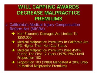 WILL CAPPING AWARDSWILL CAPPING AWARDS
DECREASE MALPRACTICEDECREASE MALPRACTICE
PREMIUMSPREMIUMS
CaliforniaCalifornia’’s Medical Injury Compensations Medical Injury Compensation
Reform Act (MICRA)Reform Act (MICRA)
NonNon--Economic Damages Are Limited ToEconomic Damages Are Limited To
$250,000$250,000
Medical Malpractice Premiums In California AreMedical Malpractice Premiums In California Are
8% Higher Than Non8% Higher Than Non--Cap StatesCap States
Medical Malpractice Premiums Rose 450%Medical Malpractice Premiums Rose 450%
During The First 12 Years (1975During The First 12 Years (1975--1987) Until1987) Until
Proposition 103Proposition 103
Proposition 103 (1988) Mandated A 20% DropProposition 103 (1988) Mandated A 20% Drop
In Medical Malpractice PremiumsIn Medical Malpractice Premiums
 
