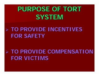 PURPOSE OF TORTPURPOSE OF TORT
SYSTEMSYSTEM
TO PROVIDE INCENTIVESTO PROVIDE INCENTIVES
FOR SAFETYFOR SAFETY
TO PROVIDE COMPENSATIONTO PROVIDE COMPENSATION
FOR VICTIMSFOR VICTIMS
 