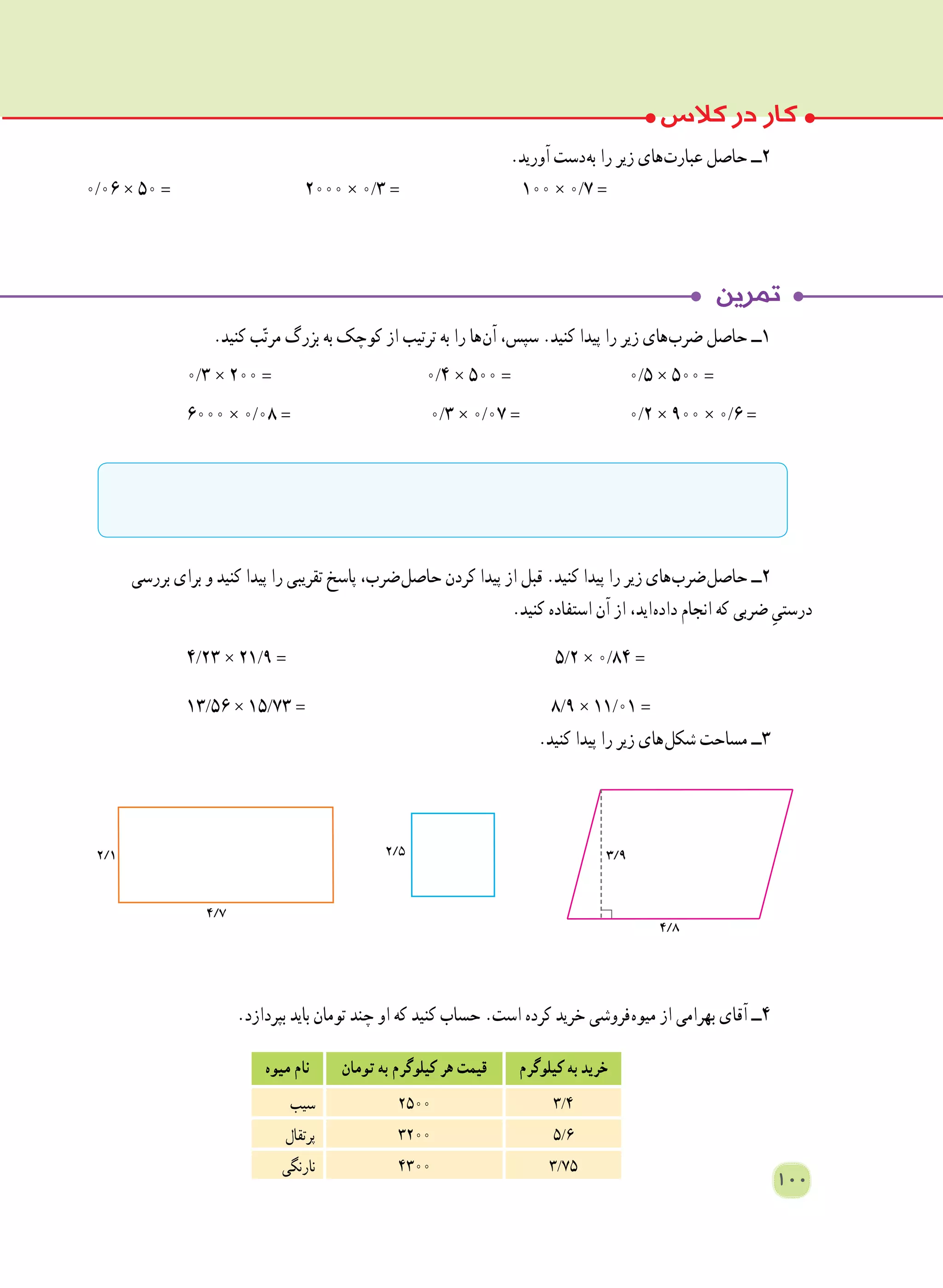.‫کنید‬ ‫ب‬ّ‫ت‬‫مر‬ ‫بزرگ‬ ‫به‬ ‫کوچک‬ ‫از‬ ‫ترتیب‬ ‫به‬ ‫را‬ ‫ ها‬‫ن‬‫آ‬ ،‫سپس‬ .‫کنید‬ ‫پیدا‬ ‫را‬ ‫زیر‬ ‫ های‬‫ب‬‫ضر‬ ‫حاصل‬ ‫١ــ‬
0/3 × 200 = 	0/4 × 500 = 	0/5 × 500 = 	
6000 × 0/08 = 	0/3 × 0/07 = 	0/2 × 900 × 0/6 = 	
‫بررسی‬ ‫برای‬ ‫و‬ ‫کنید‬ ‫پیدا‬ ‫را‬ ‫تقریبی‬ ‫پاسخ‬ ،‫ ضرب‬‫ل‬‫حاص‬ ‫کردن‬ ‫پیدا‬ ‫از‬ ‫قبل‬ .‫کنید‬ ‫پیدا‬ ‫را‬ ‫زیر‬ ‫ های‬‫ب‬‫ ضر‬‫ل‬‫حاص‬ ‫٢ــ‬
.‫کنید‬ ‫استفاده‬ ‫آن‬ ‫از‬ ،‫ اید‬‫ه‬‫داد‬ ‫انجام‬ ‫که‬ ‫ضربی‬ ِ‫درستی‬
4/23 × 21/9 = 	5/2 × 0/84 = 	
13/56 × 15/73 = 	8/9 × 11/01 = 	
.‫کنید‬ ‫پیدا‬ ‫را‬ ‫زیر‬ ‫ های‬‫ل‬‫شک‬ ‫مساحت‬ ‫٣ــ‬
.‫بپردازد‬ ‫باید‬ ‫تومان‬ ‫چند‬ ‫او‬ ‫که‬ ‫کنید‬ ‫حساب‬ .‫است‬ ‫کرده‬ ‫خرید‬ ‫ فروشی‬‫ه‬‫میو‬ ‫از‬ ‫بهرامی‬ ‫آقای‬ ‫4ــ‬
100
.‫آورید‬ ‫ دست‬‫ه‬‫ب‬ ‫را‬ ‫زیر‬ ‫ های‬‫ت‬‫عبار‬ ‫حاصل‬ ‫٢ــ‬
0/06 × 50 = 2000 × 0/3 = 100 × 0/7 =
‫کیلوگرم‬ ‫به‬ ‫خرید‬‫تومان‬ ‫به‬ ‫کیلوگرم‬ ‫هر‬ ‫قیمت‬‫میوه‬ ‫نام‬
3/42500‫سیب‬
5/63200‫پرتقال‬
3/754300‫نارنگی‬
 