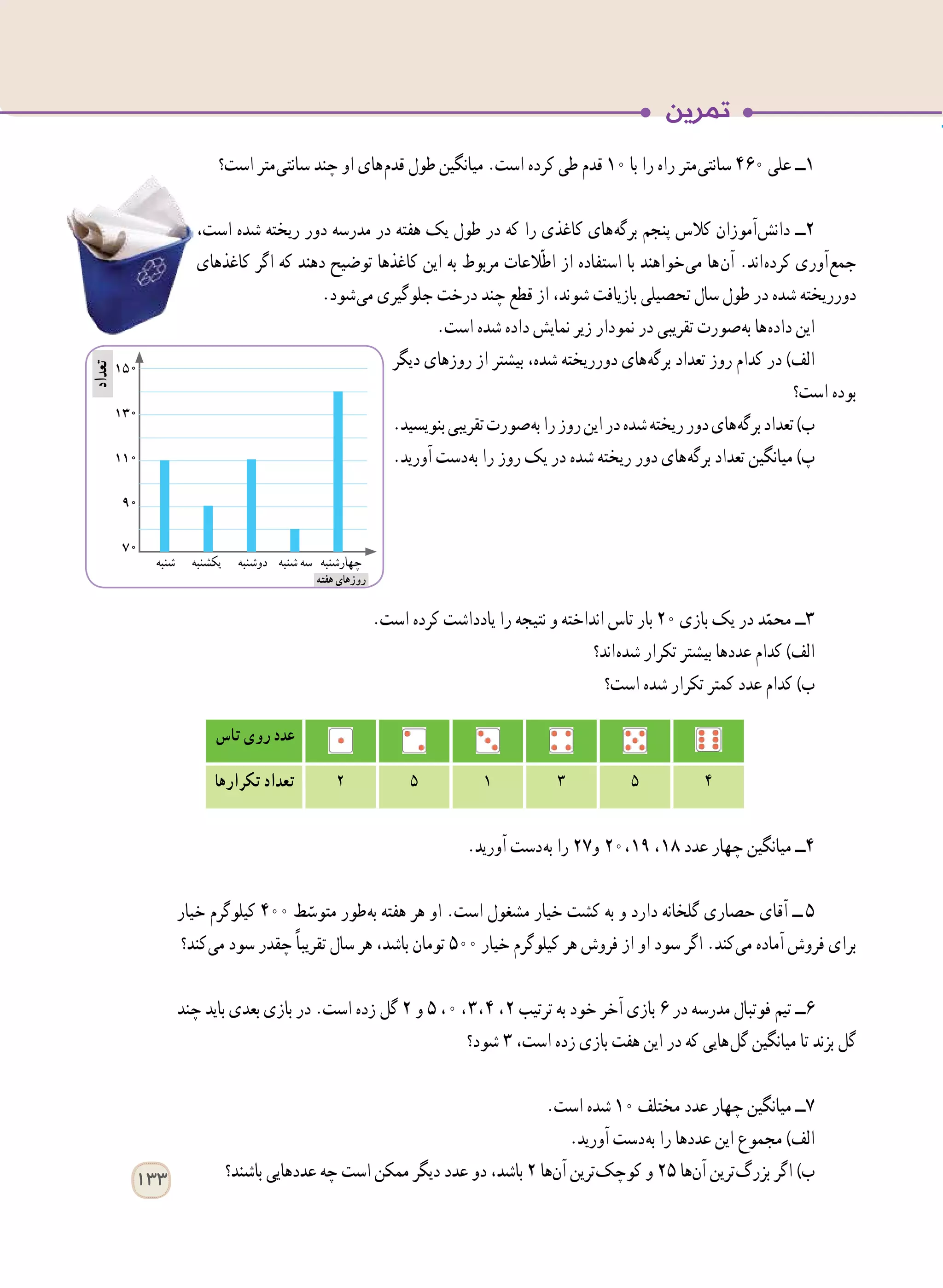 133
‫است؟‬ ‫ متر‬‫ی‬‫سانت‬ ‫چند‬ ‫او‬ ‫ های‬‫م‬‫قد‬ ‫طول‬ ‫میانگین‬ .‫است‬ ‫کرده‬ ‫طی‬ ‫قدم‬ ١٠ ‫با‬ ‫را‬ ‫راه‬ ‫ متر‬‫ی‬‫سانت‬ ٤٦٠ ‫علی‬ ‫١ــ‬
،‫است‬ ‫شده‬ ‫ریخته‬ ‫دور‬ ‫مدرسه‬ ‫در‬ ‫هفته‬ ‫یک‬ ‫طول‬ ‫در‬ ‫که‬ ‫را‬ ‫کاغذی‬ ‫ های‬‫ه‬‫برگ‬ ‫پنجم‬ ‫کالس‬ ‫ آموزان‬‫ش‬‫دان‬ ‫٢ــ‬
‫کاغذهای‬ ‫اگر‬ ‫که‬ ‫دهند‬ ‫توضیح‬ ‫کاغذها‬ ‫این‬ ‫به‬ ‫مربوط‬ ‫العات‬ّ‫ط‬‫ا‬ ‫از‬ ‫استفاده‬ ‫با‬ ‫ خواهند‬‫ی‬‫م‬ ‫​ها‬‫ن‬‫آ‬ .‫ اند‬‫ه‬‫کرد‬ ‫ آوری‬‫ع‬‫جم‬
.‫ شود‬‫ی‬‫م‬ ‫جلوگیری‬ ‫درخت‬ ‫چند‬ ‫قطع‬ ‫از‬ ،‫شوند‬ ‫بازیافت‬ ‫تحصیلی‬ ‫سال‬ ‫طول‬ ‫در‬ ‫شده‬ ‫دورریخته‬
.‫است‬ ‫شده‬ ‫داده‬ ‫نمایش‬ ‫زیر‬ ‫نمودار‬ ‫در‬ ‫تقریبی‬ ‫ صورت‬‫ه‬‫ب‬ ‫ ها‬‫ه‬‫داد‬ ‫این‬
‫دیگر‬ ‫روزهای‬ ‫از‬ ‫بیشتر‬ ،‫شده‬ ‫دورریخته‬ ‫ های‬‫ه‬‫برگ‬ ‫تعداد‬ ‫روز‬ ‫کدام‬ ‫در‬ )‫الف‬
‫است؟‬ ‫بوده‬
.‫بنویسید‬‫تقریبی‬‫ صورت‬‫ه‬‫ب‬‫را‬‫روز‬‫این‬‫در‬‫شده‬‫ریخته‬‫دور‬‫ های‬‫ه‬‫برگ‬‫تعداد‬)‫ب‬
.‫آورید‬ ‫ دست‬‫ه‬‫ب‬ ‫را‬ ‫روز‬ ‫یک‬ ‫در‬ ‫شده‬ ‫ریخته‬ ‫دور‬ ‫ های‬‫ه‬‫برگ‬ ‫تعداد‬ ‫میانگین‬ )‫پ‬
.‫است‬ ‫کرده‬ ‫یادداشت‬ ‫را‬ ‫نتیجه‬ ‫و‬ ‫انداخته‬ ‫تاس‬ ‫بار‬ ٢٠ ‫بازی‬ ‫یک‬ ‫در‬ ‫د‬ّ‫محم‬ ‫٣ــ‬
‫ اند؟‬‫ه‬‫شد‬ ‫تکرار‬ ‫بیشتر‬ ‫عددها‬ ‫کدام‬ )‫الف‬
‫است؟‬ ‫شده‬ ‫تکرار‬ ‫کمتر‬ ‫عدد‬ ‫کدام‬ )‫ب‬
.‫آورید‬ ‫ دست‬‫ه‬‫ب‬ ‫را‬ ٢٧‫و‬  ٢٠ ، ١٩ ، ١٨ ‫عدد‬ ‫چهار‬ ‫میانگین‬ ‫٤ــ‬
‫خیار‬ ‫کیلوگرم‬ ٤٠٠ ‫ط‬ ّ‫متوس‬ ‫ طور‬‫ه‬‫ب‬ ‫هفته‬ ‫هر‬ ‫او‬ .‫است‬ ‫مشغول‬ ‫خیار‬ ‫کشت‬ ‫به‬ ‫و‬ ‫دارد‬ ‫گلخانه‬ ‫حصاری‬ ‫آقای‬ ‫   ــ‬٥
‫ کند؟‬‫ی‬‫م‬ ‫سود‬ ‫چقدر‬ ً‫ا‬‫تقریب‬ ‫سال‬ ‫هر‬ ،‫باشد‬ ‫تومان‬ ٥٠٠ ‫خیار‬ ‫کیلوگرم‬ ‫هر‬ ‫فروش‬ ‫از‬ ‫او‬ ‫سود‬ ‫اگر‬ .‫ کند‬‫ی‬‫م‬ ‫آماده‬ ‫فروش‬ ‫برای‬
‫چند‬ ‫باید‬ ‫بعدی‬ ‫بازی‬ ‫در‬ .‫است‬ ‫زده‬ ‫گل‬ ٢ ‫و‬ ٥ ، ٠ ، ٣ ، ٤ ، ٢ ‫ترتیب‬ ‫به‬ ‫خود‬ ‫آخر‬ ‫بازی‬ ٦ ‫در‬ ‫مدرسه‬ ‫فوتبال‬ ‫تیم‬ ‫٦ــ‬
‫شود؟‬ ٣ ،‫است‬ ‫زده‬ ‫بازی‬ ‫هفت‬ ‫این‬ ‫در‬ ‫که‬ ‫ هایی‬‫ل‬‫گ‬ ‫میانگین‬ ‫تا‬ ‫بزند‬ ‫گل‬
.‫است‬ ‫شده‬ 10 ‫مختلف‬ ‫عدد‬ ‫چهار‬ ‫میانگین‬ ‫٧ــ‬
.‫آورید‬ ‫ دست‬‫ه‬‫ب‬ ‫را‬ ‫عددها‬ ‫این‬ ‫مجموع‬ )‫الف‬
‫باشند؟‬ ‫عددهایی‬ ‫چه‬ ‫است‬ ‫ممکن‬ ‫دیگر‬ ‫عدد‬ ‫دو‬ ،‫باشد‬ ٢ ‫​ها‬‫ن‬‫آ‬ ‫ ترین‬‫ک‬‫کوچ‬ ‫و‬ ٢٥ ‫​ها‬‫ن‬‫آ‬ ‫ ترین‬‫گ‬‫بزر‬ ‫اگر‬ )‫ب‬
‫تاس‬ ‫روی‬ ‫عدد‬
٤٥٣١٥٢‫تکرارها‬ ‫تعداد‬
‫تعداد‬
‫شنبه‬ ‫یکشنبه‬ ‫دوشنبه‬ ‫شنبه‬ ‫سه‬ ‫چهارشنبه‬
‫هفته‬ ‫روزهای‬
 