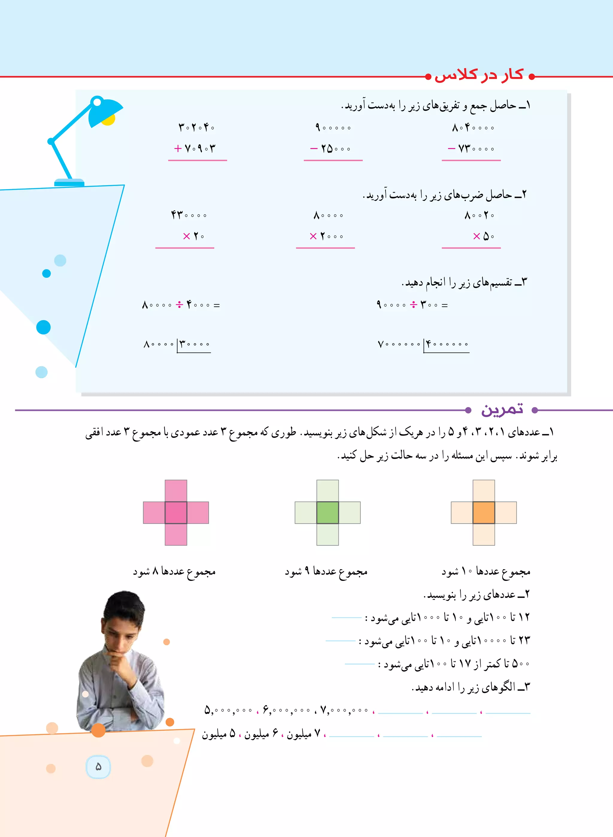 5
.‫آورید‬ ‫ دست‬‫ه‬‫ب‬ ‫را‬ ‫زیر‬ ‫ های‬‫ق‬‫تفری‬ ‫و‬ ‫جمع‬ ‫حاصل‬ ‫1ــ‬
302040 			900000 	 	8040000
+70903 			-25000 		-730000
‫ــــــــــــــــــ‬ ‫ــــــــــــــــــ‬ ‫ــــــــــــــــــ‬
.‫آورید‬ ‫ دست‬‫ه‬‫ب‬ ‫را‬ ‫زیر‬ ‫ های‬‫ب‬‫ضر‬ ‫حاصل‬ ‫2ــ‬
430000 			80000 	 		80020
*20 			*2000 	 		*50
‫ــــــــــــــــــ‬ ‫ــــــــــــــــــ‬ ‫ــــــــــــــــــ‬
.‫دهید‬ ‫انجام‬ ‫را‬ ‫زیر‬ ‫ های‬‫م‬‫تقسی‬ ‫3ــ‬
80000 ÷4000= 	90000 ÷300= 	
80000 30000
	
7000000 4000000
	
‫افقی‬ ‫عدد‬ 3 ‫مجموع‬ ‫با‬ ‫عمودی‬ ‫عدد‬ 3 ‫مجموع‬ ‫که‬ ‫طوری‬ .‫بنویسید‬ ‫زیر‬ ‫ های‬‫ل‬‫شک‬ ‫از‬ ‫هریک‬ ‫در‬ ‫را‬ ٥ ‫ و‬٤ ، ٣ ، ٢ ، 1 ‫عددهای‬ ‫1ــ‬
.‫کنید‬ ‫حل‬ ‫زیر‬ ‫حالت‬ ‫سه‬ ‫در‬ ‫را‬ ‫مسئله‬ ‫این‬ ‫سپس‬ .‫شوند‬ ‫برابر‬
‫شود‬ 8 ‫عددها‬ ‫مجموع‬ 		‫شود‬ 9 ‫عددها‬ ‫مجموع‬ 		‫شود‬ 10 ‫عددها‬ ‫مجموع‬
.‫بنویسید‬ ‫را‬ ‫زیر‬ ‫عددهای‬ ‫2ــ‬
:‫ شود‬‫ی‬‫م‬ ‫0001تایی‬ ‫تا‬ 10 ‫و‬ ‫001تایی‬ ‫تا‬ 12
:‫ شود‬‫ی‬‫م‬ ‫001تایی‬ ‫تا‬ 10 ‫و‬ ‫00001تایی‬ ‫تا‬ 23
:‫ شود‬‫ی‬‫م‬ ‫001تایی‬ ‫تا‬ 17 ‫از‬ ‫کمتر‬ ‫تا‬ ٥٠٠
.‫دهید‬ ‫ادامه‬ ‫را‬ ‫زیر‬ ‫الگوهای‬ ‫3ــ‬
5.000.000 ، 6.000.000 ، 7.000.000 ، ، ،
‫میلیون‬ 5 ، ‫میلیون‬ 6 ، ‫میلیون‬ 7 ، ، ،
 