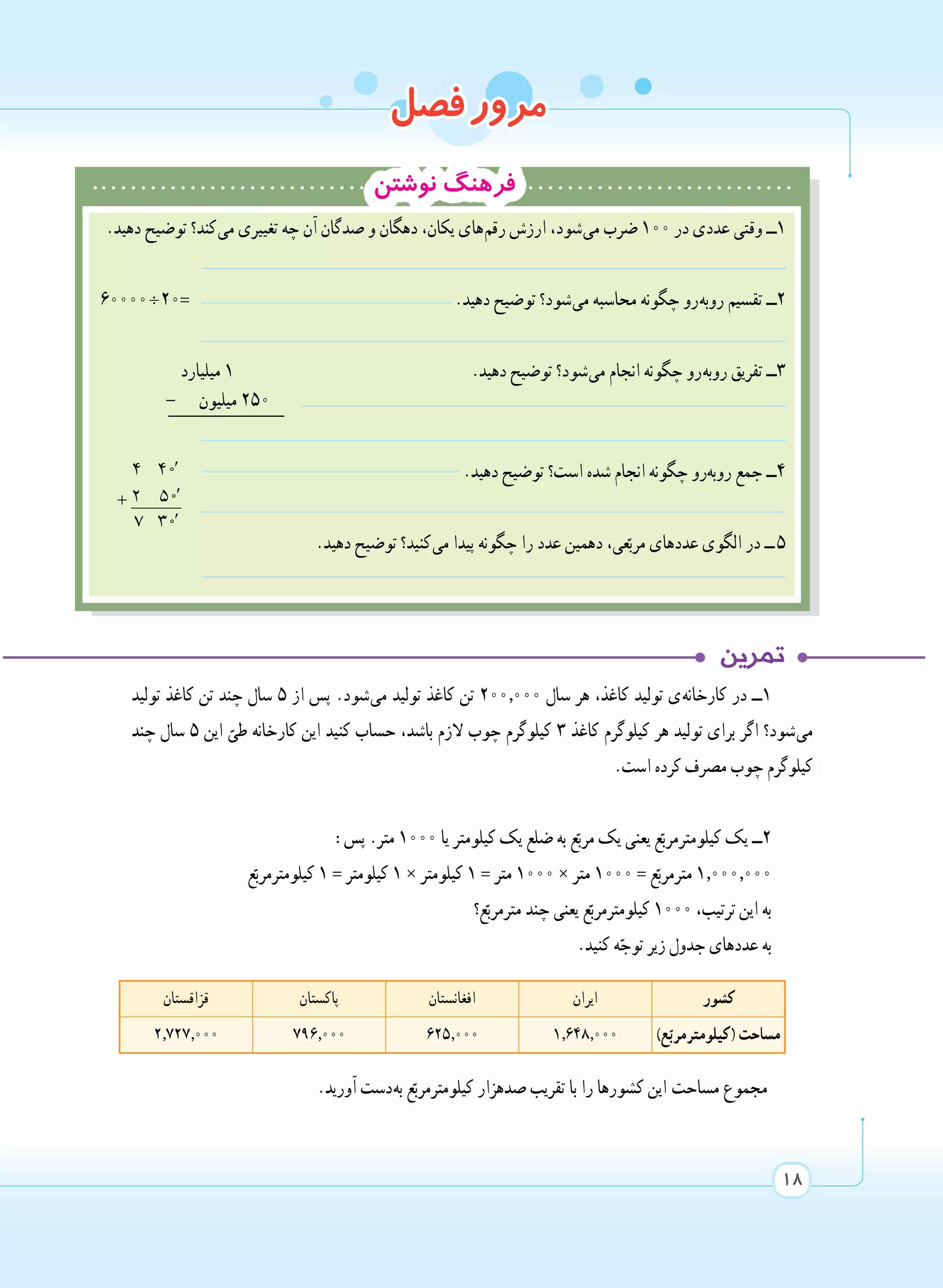 18
‫تولید‬ ‫کاغذ‬ ‫تن‬ ‫چند‬ ‫سال‬ ٥ ‫از‬ ‫پس‬ .‫ شود‬‫ی‬‫م‬ ‫تولید‬ ‫کاغذ‬ ‫تن‬ 200,000 ‫سال‬ ‫هر‬ ،‫کاغذ‬ ‫تولید‬ ‫ ی‬‫ه‬‫کارخان‬ ‫در‬ ‫١ــ‬
‫چند‬ ‫سال‬ ٥ ‫این‬ ّ‫طی‬ ‫کارخانه‬ ‫این‬ ‫کنید‬ ‫حساب‬ ،‫باشد‬ ‫الزم‬ ‫چوب‬ ‫کیلوگرم‬ ٣ ‫کاغذ‬ ‫کیلوگرم‬ ‫هر‬ ‫تولید‬ ‫برای‬ ‫اگر‬ ‫ شود؟‬‫ی‬‫م‬
.‫است‬ ‫کرده‬ ‫مصرف‬ ‫چوب‬ ‫کیلوگرم‬
:‫پس‬ .‫متر‬ 1000 ‫یا‬ ‫کیلومتر‬ ‫یک‬ ‫ضلع‬ ‫به‬ ‫ع‬ّ‫مرب‬ ‫یک‬ ‫یعنی‬ ‫ع‬ّ‫کیلومترمرب‬ ‫یک‬ ‫2ــ‬
‫ع‬ّ‫کیلومترمرب‬ ١ = ‫کیلومتر‬ ١ × ‫کیلومتر‬ 1 = ‫متر‬ 1000 × ‫متر‬ 1000 = ‫ع‬ّ‫مترمرب‬ 1,000,000
‫ع؟‬ّ‫مترمرب‬ ‫چند‬ ‫یعنی‬ ‫ع‬ّ‫کیلومترمرب‬ 1000 ،‫ترتیب‬ ‫این‬ ‫به‬
.‫کنید‬ ‫ه‬ّ‫توج‬ ‫زیر‬ ‫جدول‬ ‫عددهای‬ ‫به‬
.‫آورید‬ ‫ دست‬‫ه‬‫ب‬ ‫ع‬ّ‫کیلومترمرب‬ ‫صدهزار‬ ‫تقریب‬ ‫با‬ ‫را‬ ‫کشورها‬ ‫این‬  ‫ت‬‫مساح‬ ‫مجموع‬
‫کشور‬‫ایران‬‫افغانستان‬‫پاکستان‬‫قزاقستان‬
)‫ع‬ّ‫  کیلومترمرب‬( ‫مساحت‬1,648,000625,000796,0002,727,000
‫فصل‬‫مرور‬
.‫دهید‬ ‫توضیح‬ ‫ کند؟‬‫ی‬‫م‬ ‫تغییری‬ ‫چه‬ ‫آن‬ ‫صدگان‬ ‫و‬ ‫دهگان‬ ،‫یکان‬ ‫ های‬‫م‬‫رق‬ ‫ارزش‬ ،‫ شود‬‫ی‬‫م‬ ‫ضرب‬ 100 ‫در‬ ‫عددی‬ ‫وقتی‬ ‫١ــ‬
60000  ÷  20= .‫دهید‬ ‫توضیح‬ ‫ شود؟‬‫ی‬‫م‬ ‫محاسبه‬ ‫چگونه‬ ‫ ​رو‬‫ه‬‫​​ب‬‫و‬‫ر‬ ‫تقسیم‬ ‫٢ــ‬
‫میلیارد‬ ١ .‫دهید‬ ‫توضیح‬ ‫ شود؟‬‫ی‬‫م‬ ‫انجام‬ ‫چگونه‬ ‫ ​رو‬‫ه‬‫​​ب‬‫و‬‫ر‬ ‫تفریق‬ ‫3ــ‬
- ‫میلیون‬ 250
′
′+
′
4 40
2 50
7 30
	 .‫دهید‬ ‫توضیح‬ ‫است؟‬ ‫شده‬ ‫انجام‬ ‫چگونه‬ ‫​رو‬‫ه‬‫​​ب‬‫و‬‫ر‬ ‫جمع‬ ‫4ــ‬
.‫دهید‬ ‫توضیح‬ ‫ کنید؟‬‫ی‬‫م‬ ‫پیدا‬ ‫چگونه‬ ‫را‬ ‫عدد‬ ‫دهمین‬ ،‫عی‬ّ‫مرب‬ ‫عددهای‬ ‫الگوی‬ ‫در‬ ‫  ــ‬٥
‫نوشتن‬ ‫فرهنگ‬
 