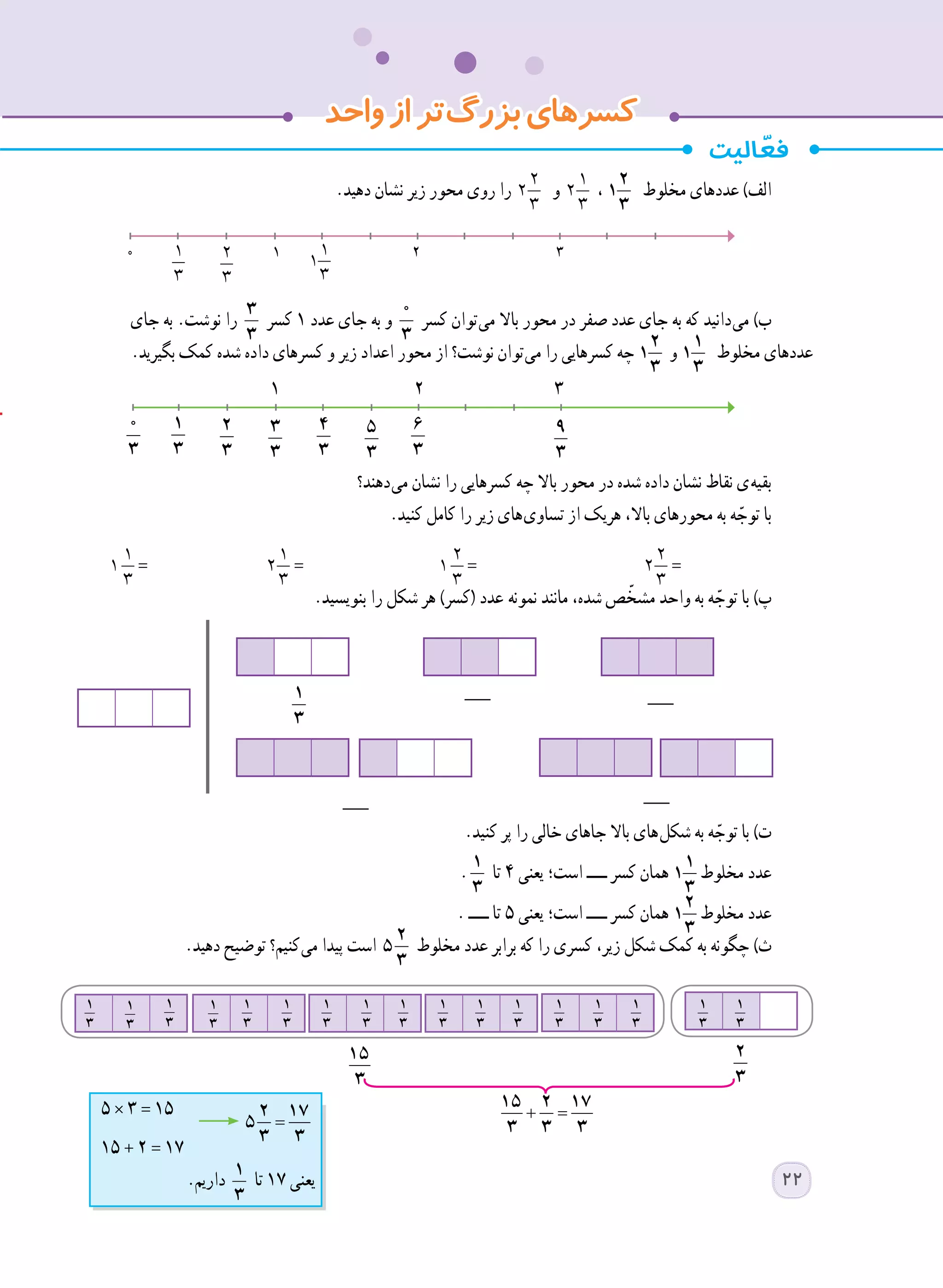 .‫دهید‬ ‫نشان‬ ‫زیر‬ ‫محور‬ ‫روی‬ ‫را‬ 2
2
3
‫و‬ 1
2
3
، 2
1
3
‫مخلوط‬ ‫عددهای‬ )‫الف‬
‫جای‬ ‫به‬ .‫نوشت‬ ‫را‬ 3
3
‫کسر‬ 1 ‫عدد‬ ‫جای‬ ‫به‬ ‫و‬ 0
3
‫کسر‬ ‫ توان‬‫ی‬‫م‬ ‫باال‬ ‫محور‬ ‫در‬ ‫صفر‬ ‫عدد‬ ‫جای‬ ‫به‬ ‫که‬ ‫ دانید‬‫ی‬‫م‬ )‫ب‬
.‫بگیرید‬ ‫کمک‬ ‫شده‬ ‫داده‬ ‫کسرهای‬ ‫و‬ ‫زیر‬ ‫اعداد‬ ‫محور‬ ‫از‬ ‫نوشت؟‬ ‫ توان‬‫ی‬‫م‬ ‫را‬ ‫کسرهایی‬ ‫چه‬ 2
1
3
‫و‬ 1
1
3
‫مخلوط‬ ‫عددهای‬
‫ دهند؟‬‫ی‬‫م‬ ‫نشان‬ ‫را‬ ‫کسرهایی‬ ‫چه‬ ‫باال‬ ‫محور‬ ‫در‬ ‫شده‬ ‫داده‬ ‫نشان‬ ‫نقاط‬ ‫ ی‬‫ه‬‫بقی‬
.‫کنید‬ ‫کامل‬ ‫را‬ ‫زیر‬ ‫ های‬‫ی‬‫تساو‬ ‫از‬ ‫هریک‬ ،‫باال‬ ‫محورهای‬ ‫به‬ ‫ه‬ ّ‫توج‬ ‫با‬
1
1
3
= 1
2
3
= 2
1
3
= 2
2
3
=
.‫بنویسید‬ ‫را‬ ‫شکل‬ ‫هر‬ )‫(کسر‬ ‫عدد‬  ‫ه‬‫نمون‬ ‫مانند‬ ،‫شده‬ ‫ص‬ ّ‫مشخ‬ ‫واحد‬ ‫به‬ ‫ه‬ ّ‫توج‬ ‫با‬ )‫پ‬
.‫کنید‬ ‫پر‬ ‫را‬ ‫خالی‬ ‫جاهای‬ ‫باال‬ ‫ های‬‫ل‬‫شک‬ ‫به‬ ‫ه‬ ّ‫توج‬ ‫با‬ )‫ت‬
. 1
3
‫تا‬ 4 ‫یعنی‬ ‫است؛‬ ‫ــــ‬ ‫کسر‬ ‫همان‬ 1
1
3
‫مخلوط‬ ‫عدد‬
. ‫ــــ‬ ‫تا‬ 5 ‫یعنی‬ ‫است؛‬ ‫ــــ‬ ‫کسر‬ ‫همان‬ 2
1
3
‫مخلوط‬ ‫عدد‬
.‫دهید‬ ‫توضیح‬ ‫ کنیم؟‬‫ی‬‫م‬ ‫پیدا‬ ‫است‬ 2
5
3
‫مخلوط‬ ‫عدد‬ ‫برابر‬ ‫که‬ ‫را‬ ‫کسری‬ ،‫زیر‬ ‫شکل‬ ‫کمک‬ ‫به‬ ‫چگونه‬ )‫ث‬
1
3
‫واحد‬‫از‬‫ تر‬‫گ‬‫بزر‬‫کسرهای‬
=
2 17
5
3 3
.‫داریم‬ 1
3
‫تا‬ ١٧ ‫یعنی‬
5 * 3 = 15
15 + 2 = 17
2
3
15
3
+ =
15 2 17
3 3 3
0 1 2 31
1
3
2
3
1
1
3
1
3
1
3
1
3
1
3
1
3
1
3
1
3
1
3
1
3
1
3
1
3
1
3
1
3
1
3
1
3
1
3
1
3
22
1
1
3
2
1
3
0
3
3
3
4
3
6
3
5
3
3
3
4
3
6
3
3
3
4
3
6
3
١ ٢ ٣
9
3
 