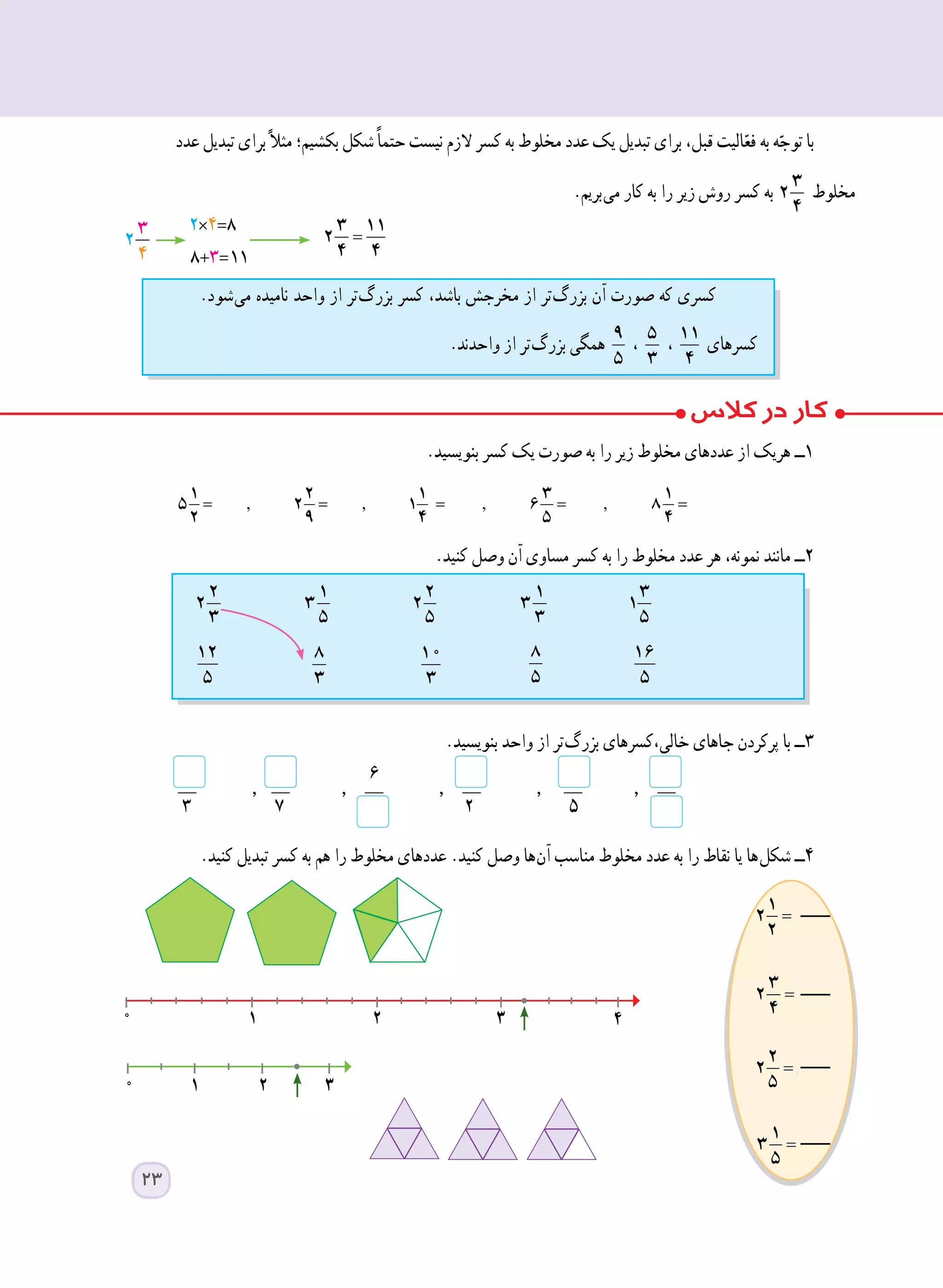 ‫عدد‬ ‫تبدیل‬ ‫برای‬ً‫ال‬‫مث‬ ‫بکشیم؛‬ ‫شکل‬ً‫ا‬‫حتم‬ ‫نیست‬ ‫الزم‬ ‫کسر‬ ‫به‬ ‫مخلوط‬ ‫عدد‬ ‫یک‬ ‫تبدیل‬ ‫برای‬ ،‫قبل‬ ‫الیت‬ّ‫فع‬ ‫به‬ ‫ه‬ّ‫توج‬ ‫با‬
.‫ بریم‬‫ی‬‫م‬ ‫کار‬ ‫به‬ ‫را‬ ‫زیر‬ ‫روش‬ ‫کسر‬ ‫به‬ 3
2
4
‫مخلوط‬
					
			
.‫بنویسید‬ ‫کسر‬ ‫یک‬ ‫صورت‬ ‫به‬ ‫را‬ ‫زیر‬ ‫مخلوط‬ ‫عددهای‬ ‫از‬ ‫هریک‬ ‫1ــ‬
, , , ,= = = = =
1 2 1 3 1
5 2 1 6 8
2 9 4 5 4
.‫کنید‬ ‫وصل‬ ‫آن‬ ‫مساوی‬ ‫کسر‬ ‫به‬ ‫را‬ ‫مخلوط‬ ‫عدد‬ ‫هر‬ ،‫نمونه‬ ‫مانند‬ ‫2ــ‬
.‫بنویسید‬ ‫واحد‬ ‫از‬ ‫ تر‬‫گ‬‫بزر‬ ‫خالی،کسرهای‬ ‫جاهای‬ ‫پرکردن‬ ‫با‬ ‫3ــ‬
.‫کنید‬ ‫تبدیل‬ ‫کسر‬ ‫به‬ ‫هم‬ ‫را‬ ‫مخلوط‬ ‫عددهای‬ .‫کنید‬ ‫وصل‬ ‫ ها‬‫ن‬‫آ‬ ‫مناسب‬ ‫مخلوط‬ ‫عدد‬ ‫به‬ ‫را‬ ‫نقاط‬ ‫یا‬ ‫ ها‬‫ل‬‫شک‬ ‫4ــ‬
....=
1
2
2
....=
3
2
4
....=
2
2
5
....=
1
3
5
.‫ شود‬‫ی‬‫م‬ ‫نامیده‬ ‫واحد‬ ‫از‬ ‫ تر‬‫گ‬‫بزر‬ ‫کسر‬ ،‫باشد‬ ‫مخرجش‬ ‫از‬ ‫ تر‬‫گ‬‫بزر‬ ‫آن‬ ‫صورت‬ ‫که‬ ‫کسری‬
.‫واحدند‬ ‫از‬ ‫ تر‬‫گ‬‫بزر‬ ‫همگی‬ 9
5
، 5
3
، 11
4
‫کسرهای‬
=
3 11
2
4 4
, , ,,
1 2 1 3 1
5 2 1 6 8
2 9 4 5 4
0 1 2 3
2 1 2 1 3
2 3 2 3 1
3 5 5 3 5
12 8 10 8 16
5 3 3 5 5
12 8 10 8 16
5 3 3 5 5
12 8 10 8 16
5 3 3 5 5
12 8 10 8 16
5 3 3 5 5
12 8 10 8 16
5 3 3 5 5
__ , __ , __ , __ , __ , __
3 7    2 5
0 1 2 3 4
23
 