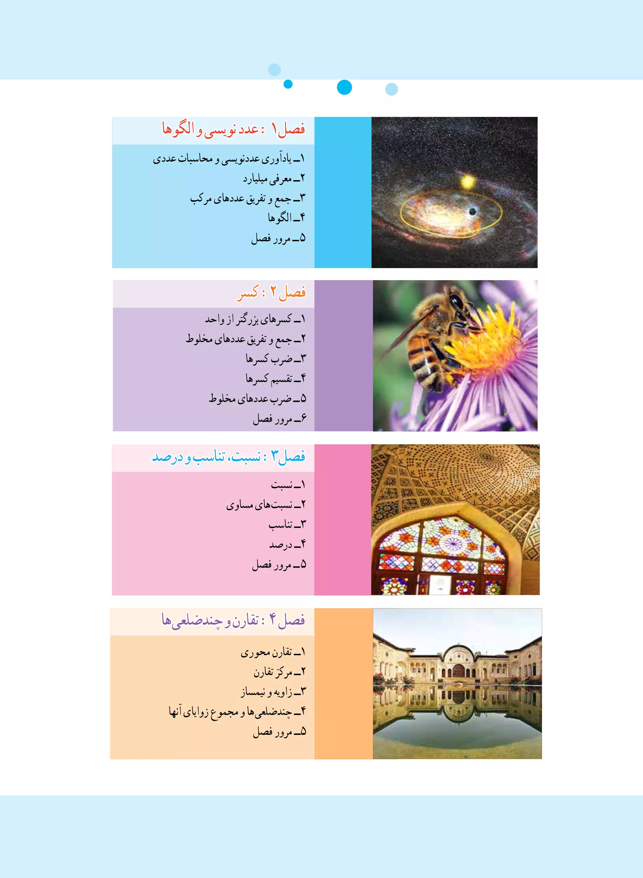 ‫ ها‬‫ی‬‫چندضلع‬‫و‬‫تقارن‬:٤‫فصل‬
‫محوری‬‫تقارن‬ ‫١ــ‬
‫تقارن‬‫مرکز‬‫٢ــ‬
‫نیمساز‬‫و‬‫زاویه‬‫٣ــ‬
‫آنها‬‫زوایای‬‫مجموع‬‫و‬‫ ها‬‫ی‬‫چندضلع‬‫٤ــ‬
‫فصل‬‫مرور‬‫٥ــ‬
‫کسر‬:٢‫فصل‬
‫واحد‬‫از‬‫بزرگتر‬‫کسرهای‬‫١ــ‬
‫مخلوط‬‫عددهای‬‫تفریق‬‫و‬‫جمع‬‫٢ــ‬
‫کسرها‬‫ضرب‬‫٣ــ‬
‫کسرها‬‫تقسیم‬‫٤ــ‬
‫مخلوط‬‫عددهای‬‫ضرب‬‫  ــ‬٥
‫فصل‬‫مرور‬‫٦ــ‬
‫درصد‬‫و‬‫تناسب‬،‫نسبت‬:٣‫فصل‬
‫نسبت‬‫١ــ‬
‫مساوی‬‫ های‬‫ت‬‫نسب‬‫٢ــ‬
‫تناسب‬‫٣ــ‬
‫درصد‬‫٤ــ‬
‫فصل‬‫مرور‬‫  ــ‬٥
‫عددی‬‫محاسبات‬‫و‬‫عددنویسی‬‫یادآوری‬‫١ــ‬
‫میلیارد‬‫معرفی‬‫٢ــ‬
‫مرکب‬‫عددهای‬‫تفریق‬‫و‬‫جمع‬‫٣ــ‬
‫الگوها‬‫٤ــ‬
‫فصل‬‫مرور‬‫  ــ‬٥
‫الگوها‬‫و‬‫نویسی‬‫عدد‬:1‫فصل‬
 