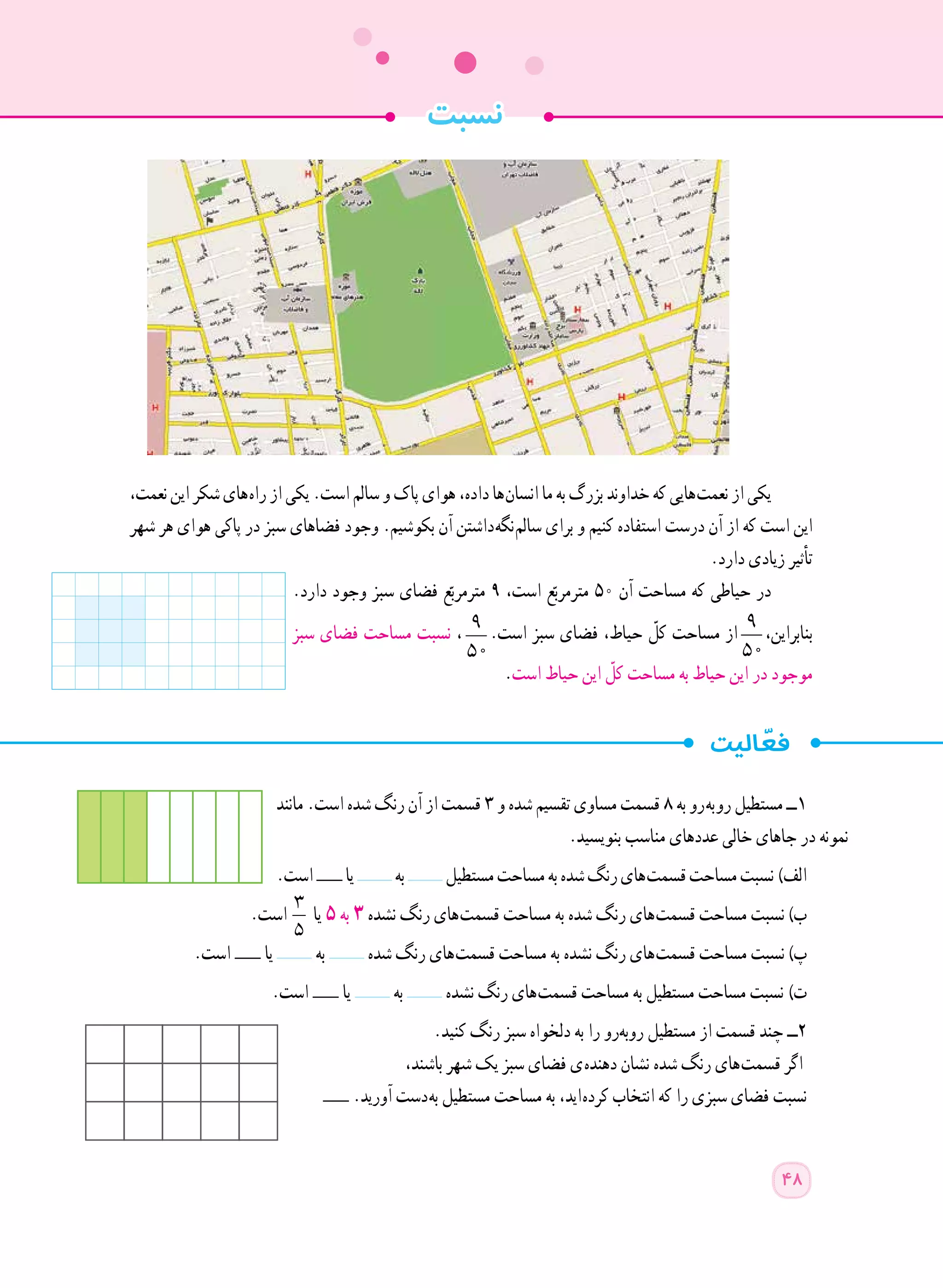 ‫نسبت‬
،‫نعمت‬‫این‬‫شکر‬‫ های‬‫ه‬‫را‬‫از‬‫یکی‬.‫است‬‫سالم‬‫و‬‫پاک‬‫هوای‬،‫داده‬‫ ها‬‫ن‬‫انسا‬‫ما‬‫به‬‫بزرگ‬‫خداوند‬‫که‬‫ هایی‬‫ت‬‫نعم‬‫از‬‫یکی‬
‫شهر‬ ‫هر‬ ‫هوای‬ ‫پاکی‬ ‫در‬ ‫سبز‬ ‫فضاهای‬ ‫وجود‬ .‫بکوشیم‬ ‫آن‬ ‫ داشتن‬‫ه‬‫ نگ‬‫م‬‫سال‬ ‫برای‬ ‫و‬ ‫کنیم‬ ‫استفاده‬ ‫درست‬ ‫آن‬ ‫از‬ ‫که‬ ‫است‬ ‫این‬
.‫دارد‬ ‫زیادی‬ ‫تأثیر‬
.‫دارد‬ ‫وجود‬ ‫سبز‬ ‫فضای‬ ‫ع‬ّ‫مترمرب‬ 9 ،‫است‬ ‫ع‬ّ‫مترمرب‬ 50 ‫آن‬ ‫مساحت‬ ‫که‬ ‫حیاطی‬ ‫در‬
‫سبز‬ ‫فضای‬ ‫مساحت‬ ‫نسبت‬ ، 9
50
.‫است‬ ‫سبز‬ ‫فضای‬ ،‫حیاط‬ ّ‫کل‬ ‫مساحت‬ ‫از‬ 9
50
،‫بنابراین‬
.‫است‬ ‫حیاط‬ ‫این‬ ّ‫کل‬ ‫مساحت‬ ‫به‬ ‫حیاط‬ ‫این‬ ‫در‬ ‫موجود‬
‫مانند‬ .‫است‬ ‫شده‬ ‫رنگ‬ ‫آن‬ ‫از‬ ‫قسمت‬ 3 ‫و‬ ‫شده‬ ‫تقسیم‬ ‫مساوی‬ ‫قسمت‬ ٨ ‫به‬ ‫ رو‬‫ه‬‫ ب‬‫و‬‫ر‬ ‫مستطیل‬ ‫ ــ‬١
.‫بنویسید‬ ‫مناسب‬ ‫عددهای‬ ‫خالی‬ ‫جاهای‬ ‫در‬ ‫نمونه‬
.‫است‬ ‫یا‬ ‫به‬ ‫مستطیل‬‫مساحت‬‫به‬‫شده‬‫رنگ‬‫ های‬‫ت‬‫قسم‬‫مساحت‬‫ نسبت‬)‫الف‬
	.‫است‬ :
3 2
5 2
5 5
‫یا‬ 5 ‫به‬ 3 ‫نشده‬ ‫رنگ‬ ‫ های‬‫ت‬‫قسم‬ ‫مساحت‬ ‫به‬ ‫شده‬ ‫رنگ‬ ‫ های‬‫ت‬‫قسم‬ ‫مساحت‬ ‫نسبت‬ )‫ب‬
.‫است‬ ‫یا‬ ‫به‬ ‫شده‬ ‫رنگ‬ ‫ های‬‫ت‬‫قسم‬ ‫مساحت‬ ‫به‬ ‫نشده‬ ‫رنگ‬ ‫ های‬‫ت‬‫قسم‬ ‫مساحت‬ ‫نسبت‬ )‫پ‬
.‫است‬ ‫یا‬ ‫به‬ ‫نشده‬ ‫رنگ‬ ‫ های‬‫ت‬‫قسم‬ ‫مساحت‬ ‫به‬ ‫مستطیل‬ ‫مساحت‬ ‫ نسبت‬)‫ت‬
.‫کنید‬ ‫رنگ‬ ‫سبز‬ ‫دلخواه‬ ‫به‬ ‫را‬ ‫​رو‬‫ه‬‫​​ب‬‫و‬‫ر‬ ‫مستطیل‬ ‫از‬ ‫قسمت‬ ‫چند‬ ‫2ــ‬
،‫باشند‬ ‫شهر‬ ‫یک‬ ‫سبز‬ ‫فضای‬ ‫ ی‬‫ه‬‫دهند‬ ‫نشان‬ ‫شده‬ ‫رنگ‬ ‫ های‬‫ت‬‫قسم‬ ‫اگر‬
.‫آورید‬ ‫ دست‬‫ه‬‫ب‬ ‫مستطیل‬ ‫مساحت‬ ‫به‬ ،‫ اید‬‫ه‬‫کرد‬ ‫انتخاب‬ ‫که‬ ‫را‬ ‫سبزی‬ ‫فضای‬ ‫نسبت‬
48
 
