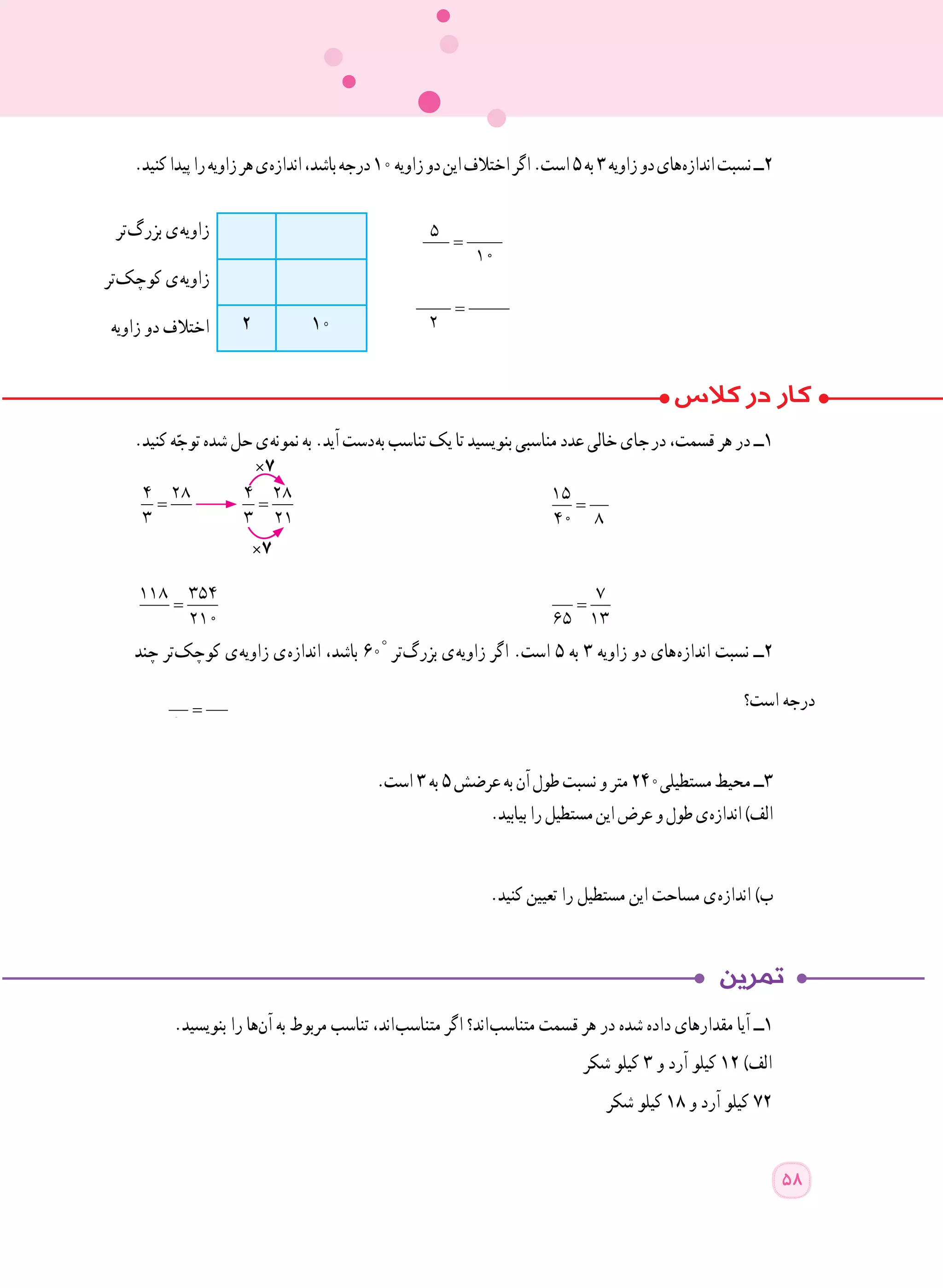 ×7
×7
58
.‫کنید‬‫پیدا‬‫را‬‫زاویه‬‫هر‬‫ ی‬‫ه‬‫انداز‬،‫باشد‬‫درجه‬10‫زاویه‬‫دو‬‫این‬‫اختالف‬‫اگر‬.‫است‬٥‫به‬٣‫زاویه‬‫دو‬‫ های‬‫ه‬‫انداز‬‫نسبت‬‫٢ــ‬
.‫کنید‬‫ه‬ّ‫توج‬‫شده‬‫حل‬‫ ی‬‫ه‬‫نمون‬‫به‬.‫آید‬‫ دست‬‫ه‬‫ب‬‫تناسب‬‫یک‬‫تا‬‫بنویسید‬‫مناسبی‬‫عدد‬‫خالی‬‫  جای‬‫ر‬‫د‬،‫قسمت‬‫هر‬‫در‬‫١ــ‬
= =
4 28 4 28
3 3 21 	 		
	 	
‫چند‬ ‫ تر‬‫ک‬‫کوچ‬ ‫ ی‬‫ه‬‫زاوی‬ ‫ ی‬‫ه‬‫انداز‬ ،‫باشد‬ ٦٠°
‫​تر‬‫گ‬‫بزر‬ ‫ ی‬‫ه‬‫زاوی‬ ‫اگر‬ .‫است‬ ٥ ‫به‬ ٣ ‫زاویه‬ ‫دو‬ ‫ های‬‫ه‬‫انداز‬ ‫نسبت‬ ‫٢ــ‬
	 =
15
40 8
‫است؟‬ ‫درجه‬
	
.‫است‬٣‫به‬٥‫عرضش‬‫به‬‫آن‬‫طول‬‫نسبت‬‫و‬‫متر‬٢٤٠ ‫ی‬‫مستطیل‬‫محیط‬‫3ــ‬
.‫بیابید‬‫را‬‫مستطیل‬‫این‬‫عرض‬‫و‬‫طول‬‫ ی‬‫ه‬‫انداز‬)‫الف‬
.‫کنید‬ ‫تعیین‬ ‫را‬ ‫مستطیل‬ ‫این‬ ‫مساحت‬ ‫ ی‬‫ه‬‫انداز‬ )‫ب‬
.‫بنویسید‬ ‫را‬ ‫​ها‬‫ن‬‫آ‬ ‫به‬ ‫مربوط‬ ‫تناسب‬ ،‫ اند‬‫ب‬‫متناس‬ ‫اگر‬ ‫ اند؟‬‫ب‬‫متناس‬ ‫قسمت‬ ‫هر‬ ‫در‬ ‫شده‬ ‫داده‬ ‫مقدارهای‬ ‫آیا‬ ‫١ــ‬
=
5
10
=
2102
‫ تر‬‫گ‬‫بزر‬ ‫ ی‬‫ه‬‫زاوی‬
‫ تر‬‫ک‬‫کوچ‬ ‫ ی‬‫ه‬‫زاوی‬
‫زاویه‬ ‫دو‬ ‫اختالف‬
=
7
65 13
=
118 354
210
=
15
40 8
‫شکر‬ ‫کیلو‬ ٣ ‫و‬ ‫آرد‬ ‫کیلو‬ ١٢ )‫الف‬
‫شکر‬ ‫کیلو‬ ١٨ ‫و‬ ‫آرد‬ ‫کیلو‬ ٧٢
 