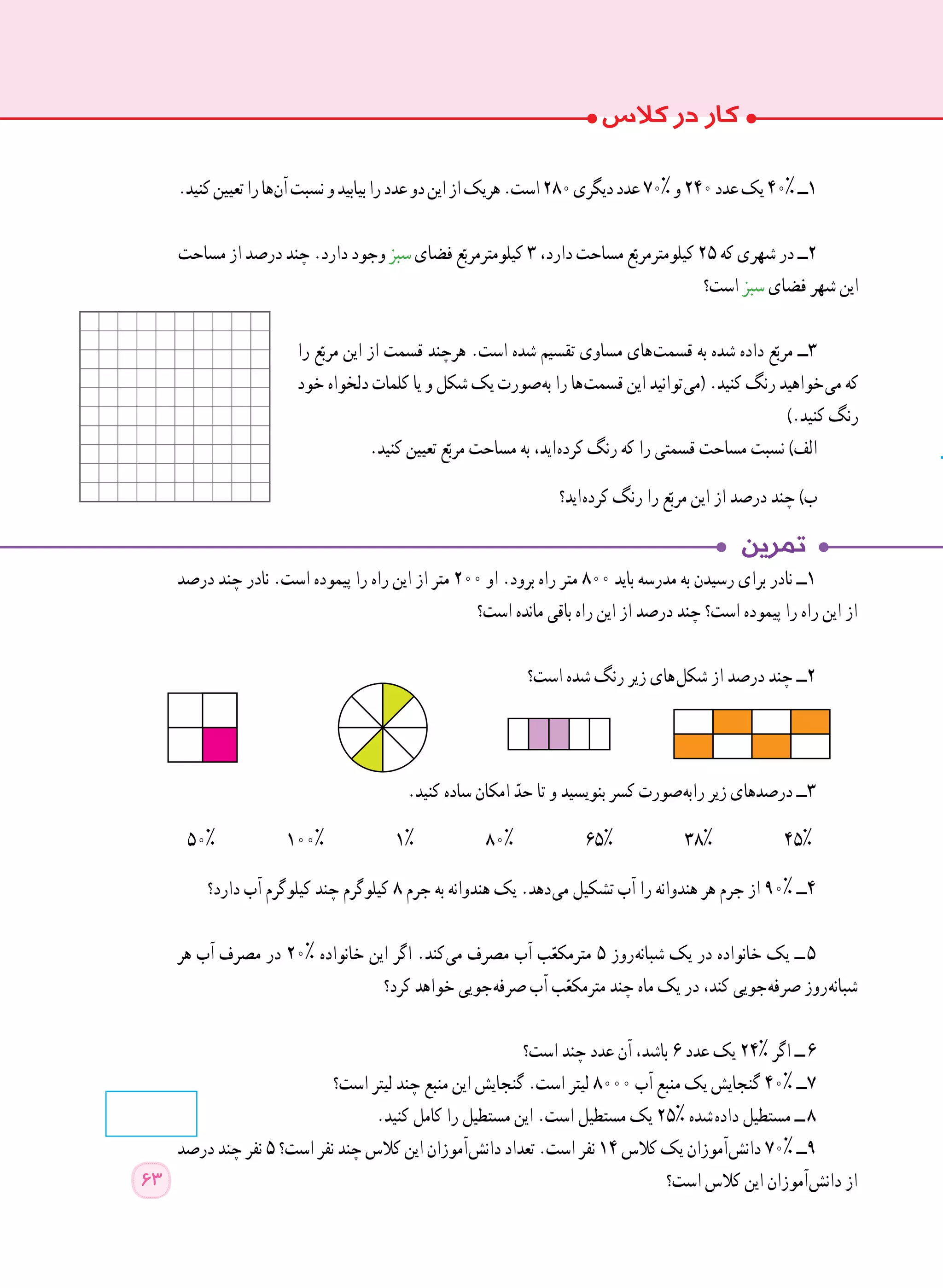 ‫درصد‬ ‫چند‬ ‫نادر‬ .‫است‬ ‫پیموده‬ ‫را‬ ‫راه‬ ‫این‬ ‫از‬ ‫متر‬ ٢٠٠ ‫او‬ .‫برود‬ ‫راه‬ ‫متر‬ ٨٠٠ ‫باید‬ ‫مدرسه‬ ‫به‬ ‫رسیدن‬ ‫برای‬ ‫نادر‬ ‫١ــ‬
‫است؟‬ ‫مانده‬ ‫باقی‬ ‫راه‬ ‫این‬ ‫از‬ ‫درصد‬ ‫چند‬ ‫است؟‬ ‫پیموده‬ ‫را‬ ‫راه‬ ‫این‬ ‫از‬
‫است؟‬ ‫شده‬ ‫رنگ‬ ‫زیر‬ ‫ های‬‫ل‬‫شک‬ ‫از‬ ‫درصد‬ ‫چند‬ ‫٢ــ‬
.‫کنید‬ ‫ساده‬ ‫امکان‬ ّ‫حد‬ ‫تا‬ ‫و‬ ‫بنویسید‬ ‫کسر‬ ‫ صورت‬‫ه‬‫راب‬ ‫زیر‬ ‫درصدهای‬ ‫3ــ‬
50% 100% 1% 80% 65% 38% 45%
‫دارد؟‬ ‫آب‬ ‫کیلوگرم‬ ‫چند‬ ‫کیلوگرم‬ 8 ‫جرم‬ ‫به‬ ‫هندوانه‬ ‫یک‬ .‫ دهد‬‫ی‬‫م‬ ‫تشکیل‬ ‫آب‬ ‫را‬ ‫هندوانه‬ ‫هر‬ ‫جرم‬ ‫از‬ ٩٠% ‫4ــ‬
‫هر‬ ‫آب‬ ‫مصرف‬ ‫در‬ 20% ‫خانواده‬ ‫این‬ ‫اگر‬ .‫ کند‬‫ی‬‫م‬ ‫مصرف‬ ‫آب‬ ‫ب‬ّ‫مترمکع‬ ٥ ‫ روز‬‫ه‬‫شبان‬ ‫یک‬ ‫در‬ ‫خانواده‬ ‫یک‬ ‫  ــ‬5
‫کرد؟‬ ‫خواهد‬ ‫ جویی‬‫ه‬‫صرف‬ ‫آب‬ ‫ب‬ّ‫مترمکع‬ ‫چند‬ ‫ماه‬ ‫یک‬ ‫در‬ ،‫کند‬ ‫ جویی‬‫ه‬‫صرف‬ ‫ روز‬‫ه‬‫شبان‬
‫است؟‬ ‫چند‬ ‫عدد‬ ‫آن‬ ،‫باشد‬ ٦ ‫عدد‬ ‫یک‬ ٢٤% ‫اگر‬ ‫  ــ‬6
‫است؟‬ ‫لیتر‬ ‫چند‬ ‫منبع‬ ‫این‬ ‫گنجایش‬ .‫است‬ ‫لیتر‬ ٨٠٠٠ ‫آب‬ ‫منبع‬ ‫یک‬ ‫گنجایش‬ ٤٠% ‫7ــ‬
	.‫کنید‬ ‫کامل‬ ‫را‬ ‫مستطیل‬ ‫این‬ .‫است‬ ‫مستطیل‬ ‫یک‬ ٢٥% ‫  شده‬‫ه‬‫داد‬ ‫مستطیل‬ ‫  ــ‬8
‫درصد‬ ‫چند‬ ‫نفر‬ ٥ ‫است؟‬ ‫نفر‬ ‫چند‬ ‫کالس‬ ‫این‬ ‫ آموزان‬‫ش‬‫دان‬ ‫تعداد‬ .‫است‬ ‫نفر‬ ١٤ ‫کالس‬ ‫یک‬ ‫ آموزان‬‫ش‬‫دان‬ ٧٠% ‫9ــ‬
‫است؟‬ ‫کالس‬ ‫این‬ ‫ آموزان‬‫ش‬‫دان‬ ‫از‬
.‫کنید‬‫تعیین‬‫را‬‫ ها‬‫ن‬‫آ‬‫نسبت‬‫و‬‫بیابید‬‫را‬‫عدد‬‫دو‬‫این‬‫از‬‫هریک‬.‫است‬٢٨٠‫دیگری‬‫عدد‬٧٠%‫و‬240‫عدد‬‫یک‬٤٠%‫1ــ‬
‫مساحت‬ ‫از‬ ‫درصد‬ ‫چند‬ .‫دارد‬ ‫وجود‬ ‫سبز‬ ‫فضای‬ ‫ع‬ّ‫کیلومترمرب‬ ٣ ،‫دارد‬ ‫مساحت‬ ‫ع‬ّ‫کیلومترمرب‬ 25 ‫که‬ ‫شهری‬ ‫در‬ ‫2ــ‬
‫است؟‬ ‫سبز‬ ‫فضای‬ ‫شهر‬ ‫این‬
‫را‬ ‫ع‬ّ‫مرب‬ ‫این‬ ‫از‬ ‫قسمت‬ ‫هرچند‬ .‫است‬ ‫شده‬ ‫تقسیم‬ ‫مساوی‬ ‫ های‬‫ت‬‫قسم‬ ‫به‬ ‫شده‬ ‫داده‬ ‫ع‬ّ‫مرب‬ ‫3ــ‬
‫خود‬ ‫دلخواه‬ ‫کلمات‬ ‫یا‬ ‫و‬ ‫شکل‬ ‫یک‬ ‫ صورت‬‫ه‬‫ب‬ ‫را‬ ‫ ها‬‫ت‬‫قسم‬ ‫این‬ ‫ توانید‬‫ی‬‫(م‬ .‫کنید‬ ‫رنگ‬ ‫ خواهید‬‫ی‬‫م‬ ‫که‬
).‫کنید‬ ‫رنگ‬
.‫کنید‬ ‫تعیین‬ ‫ع‬ّ‫مرب‬ ‫مساحت‬ ‫به‬ ،‫ اید‬‫ه‬‫کرد‬ ‫رنگ‬ ‫که‬ ‫را‬ ‫قسمتی‬ ‫مساحت‬ ‫نسبت‬ )‫الف‬
‫ اید؟‬‫ه‬‫کرد‬ ‫رنگ‬ ‫را‬ ‫ع‬ّ‫مرب‬ ‫این‬ ‫از‬ ‫درصد‬ ‫چند‬ )‫ب‬
63
 
