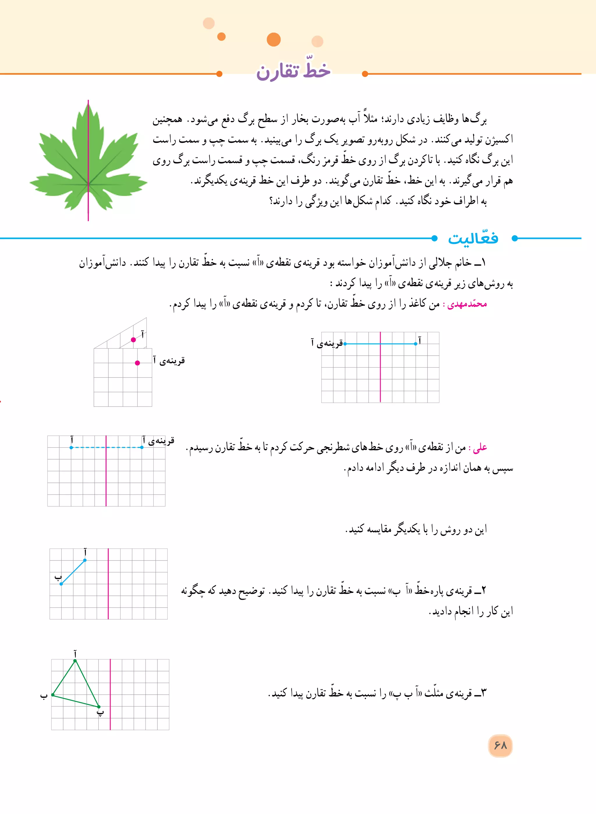 ‫تقارن‬ ّ‫خط‬
‫همچنین‬ .‫ شود‬‫ی‬‫م‬ ‫دفع‬ ‫برگ‬ ‫سطح‬ ‫از‬ ‫بخار‬ ‫ صورت‬‫ه‬‫ب‬ ‫آب‬ ً‫ال‬‫مث‬ ‫دارند؛‬ ‫زیادی‬ ‫وظایف‬ ‫ ها‬‫گ‬‫بر‬
‫راست‬ ‫سمت‬ ‫و‬ ‫چپ‬ ‫سمت‬ ‫به‬ .‫ بینید‬‫ی‬‫م‬ ‫را‬ ‫برگ‬ ‫یک‬ ‫تصویر‬ ‫ رو‬‫ه‬‫روب‬ ‫شکل‬ ‫در‬ .‫ کنند‬‫ی‬‫م‬ ‫تولید‬ ‫اکسیژن‬
‫روی‬ ‫برگ‬ ‫راست‬ ‫قسمت‬ ‫و‬ ‫چپ‬ ‫قسمت‬ ،‫رنگ‬ ‫قرمز‬ ّ‫خط‬ ‫روی‬ ‫از‬ ‫برگ‬ ‫ کردن‬‫ا‬‫ت‬ ‫با‬ .‫کنید‬ ‫نگاه‬ ‫برگ‬ ‫این‬
.‫یکدیگرند‬ ‫ ی‬‫ه‬‫قرین‬ ‫خط‬ ‫این‬ ‫طرف‬ ‫دو‬ .‫ گویند‬‫ی‬‫م‬ ‫تقارن‬ ّ‫خط‬ ،‫خط‬ ‫این‬ ‫به‬ .‫ گیرند‬‫ی‬‫م‬ ‫قرار‬ ‫هم‬
‫دارند؟‬ ‫را‬ ‫ویژگی‬ ‫این‬ ‫ ها‬‫ل‬‫شک‬ ‫کدام‬ .‫کنید‬ ‫نگاه‬ ‫خود‬ ‫اطراف‬ ‫به‬
‫ آموزان‬‫ش‬‫دان‬ .‫کنند‬ ‫پیدا‬ ‫را‬ ‫تقارن‬ ّ‫خط‬ ‫به‬ ‫نسبت‬ »‫«آ‬ ‫ ی‬‫ه‬‫نقط‬ ‫ ی‬‫ه‬‫قرین‬ ‫بود‬ ‫خواسته‬ ‫ آموزان‬‫ش‬‫دان‬ ‫از‬ ‫جاللی‬ ‫خانم‬ ‫١ــ‬
:‫کردند‬ ‫پیدا‬ ‫را‬ »‫«آ‬ ‫ ی‬‫ه‬‫نقط‬ ‫ ی‬‫ه‬‫قرین‬ ‫زیر‬ ‫ های‬‫ش‬‫رو‬ ‫به‬
.‫کردم‬ ‫پیدا‬ ‫را‬ »‫«آ‬ ‫ ی‬‫ه‬‫نقط‬ ‫ ی‬‫ه‬‫قرین‬ ‫و‬ ‫کردم‬ ‫تا‬ ،‫تقارن‬ ّ‫خط‬ ‫روی‬ ‫از‬ ‫را‬ ‫کاغذ‬ ‫من‬ :‫ مهدی‬‫د‬ّ‫محم‬
.‫رسیدم‬‫تقارن‬ ّ‫خط‬‫به‬‫تا‬‫کردم‬‫حرکت‬‫شطرنجی‬‫ های‬‫ط‬‫خ‬‫روی‬»‫«آ‬‫ ی‬‫ه‬‫نقط‬‫از‬‫من‬:‫علی‬
.‫دادم‬ ‫ادامه‬ ‫دیگر‬ ‫طرف‬ ‫در‬ ‫اندازه‬ ‫همان‬ ‫به‬ ‫سپس‬
.‫کنید‬ ‫مقایسه‬ ‫یکدیگر‬ ‫با‬ ‫را‬ ‫روش‬ ‫دو‬ ‫این‬
‫چگونه‬ ‫که‬ ‫دهید‬ ‫توضیح‬ .‫کنید‬ ‫پیدا‬ ‫را‬ ‫تقارن‬ ّ‫خط‬ ‫به‬ ‫نسبت‬ »‫ب‬ ‫«آ‬ ّ‫ خط‬‫ه‬‫پار‬ ‫ ی‬‫ه‬‫قرین‬ ‫٢ــ‬
.‫دادید‬ ‫انجام‬ ‫را‬ ‫کار‬ ‫این‬
.‫کنید‬ ‫پیدا‬ ‫تقارن‬ ّ‫خط‬ ‫به‬ ‫نسبت‬ ‫را‬ »‫پ‬  ‫ب‬ ‫«آ‬ ‫ث‬ّ‫ل‬‫مث‬ ‫ ی‬‫ه‬‫قرین‬ ‫٣ــ‬
‫آ‬
‫ب‬
‫آ‬
‫ب‬
‫پ‬
‫آ‬‫آ‬ ‫ ی‬‫ه‬‫قرین‬
‫آ‬
‫آ‬ ‫ ی‬‫ه‬‫قرین‬
‫آ‬ ‫آ‬ ‫ ی‬‫ه‬‫قرین‬
68
 