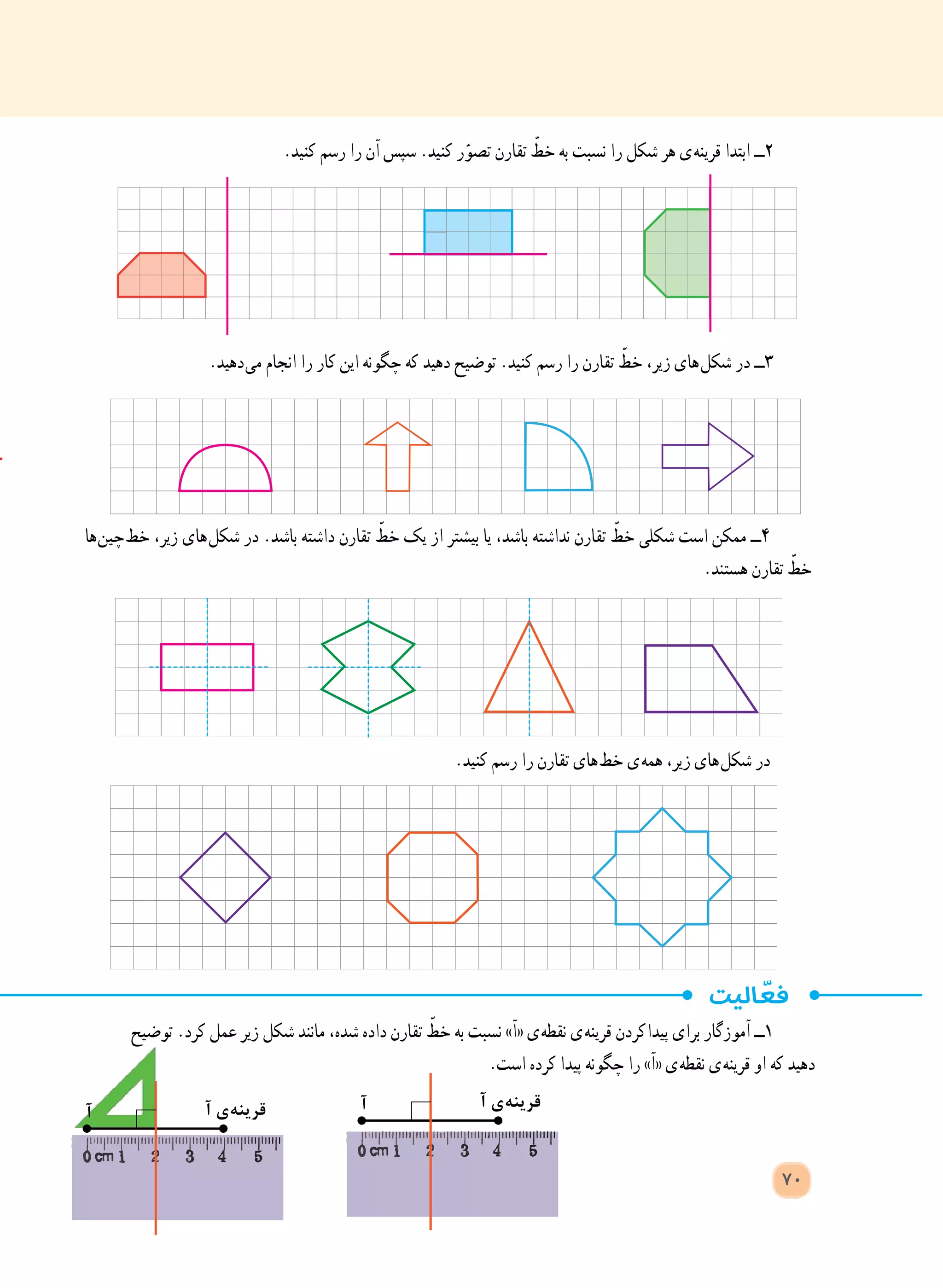 .‫کنید‬ ‫رسم‬ ‫را‬ ‫آن‬ ‫سپس‬ .‫کنید‬ ‫ر‬ّ‫تصو‬ ‫تقارن‬ ّ‫خط‬ ‫به‬ ‫نسبت‬ ‫را‬ ‫شکل‬ ‫هر‬ ‫ ی‬‫ه‬‫قرین‬ ‫ابتدا‬ ‫٢ــ‬
.‫ دهید‬‫ی‬‫م‬ ‫انجام‬ ‫را‬ ‫کار‬ ‫این‬ ‫چگونه‬ ‫که‬ ‫دهید‬ ‫توضیح‬ .‫کنید‬ ‫رسم‬ ‫را‬ ‫تقارن‬ ّ‫خط‬ ،‫زیر‬ ‫ های‬‫ل‬‫شک‬ ‫در‬ ‫٣ــ‬
‫توضیح‬ .‫کرد‬ ‫عمل‬ ‫زیر‬ ‫شکل‬ ‫مانند‬ ،‫شده‬ ‫داده‬ ‫تقارن‬ ّ‫خط‬ ‫به‬ ‫نسبت‬ »‫«آ‬ ‫ ی‬‫ه‬‫نقط‬ ‫ ی‬‫ه‬‫قرین‬ ‫ کردن‬‫ا‬‫پید‬ ‫برای‬ ‫آموزگار‬ ‫١ــ‬
.‫است‬ ‫کرده‬ ‫پیدا‬ ‫چگونه‬ ‫را‬ »‫«آ‬ ‫ ی‬‫ه‬‫نقط‬ ‫ ی‬‫ه‬‫قرین‬ ‫او‬ ‫که‬ ‫دهید‬
‫ ها‬‫ن‬‫ چی‬‫ط‬‫خ‬ ،‫زیر‬ ‫ های‬‫ل‬‫شک‬ ‫در‬ .‫باشد‬ ‫داشته‬ ‫تقارن‬ ّ‫خط‬ ‫یک‬ ‫از‬ ‫بیشتر‬ ‫یا‬ ،‫باشد‬ ‫نداشته‬ ‫تقارن‬ ّ‫خط‬ ‫شکلی‬ ‫است‬ ‫ممکن‬ ‫٤ــ‬
.‫هستند‬ ‫تقارن‬ ّ‫خط‬
.‫کنید‬ ‫رسم‬ ‫را‬ ‫تقارن‬ ‫ های‬‫ط‬‫خ‬ ‫ ی‬‫ه‬‫هم‬ ،‫زیر‬ ‫ های‬‫ل‬‫شک‬ ‫در‬
‫آ‬ ‫ ی‬‫ه‬‫قرین‬‫آ‬‫آ‬ ‫ ی‬‫ه‬‫قرین‬‫آ‬
70
 
