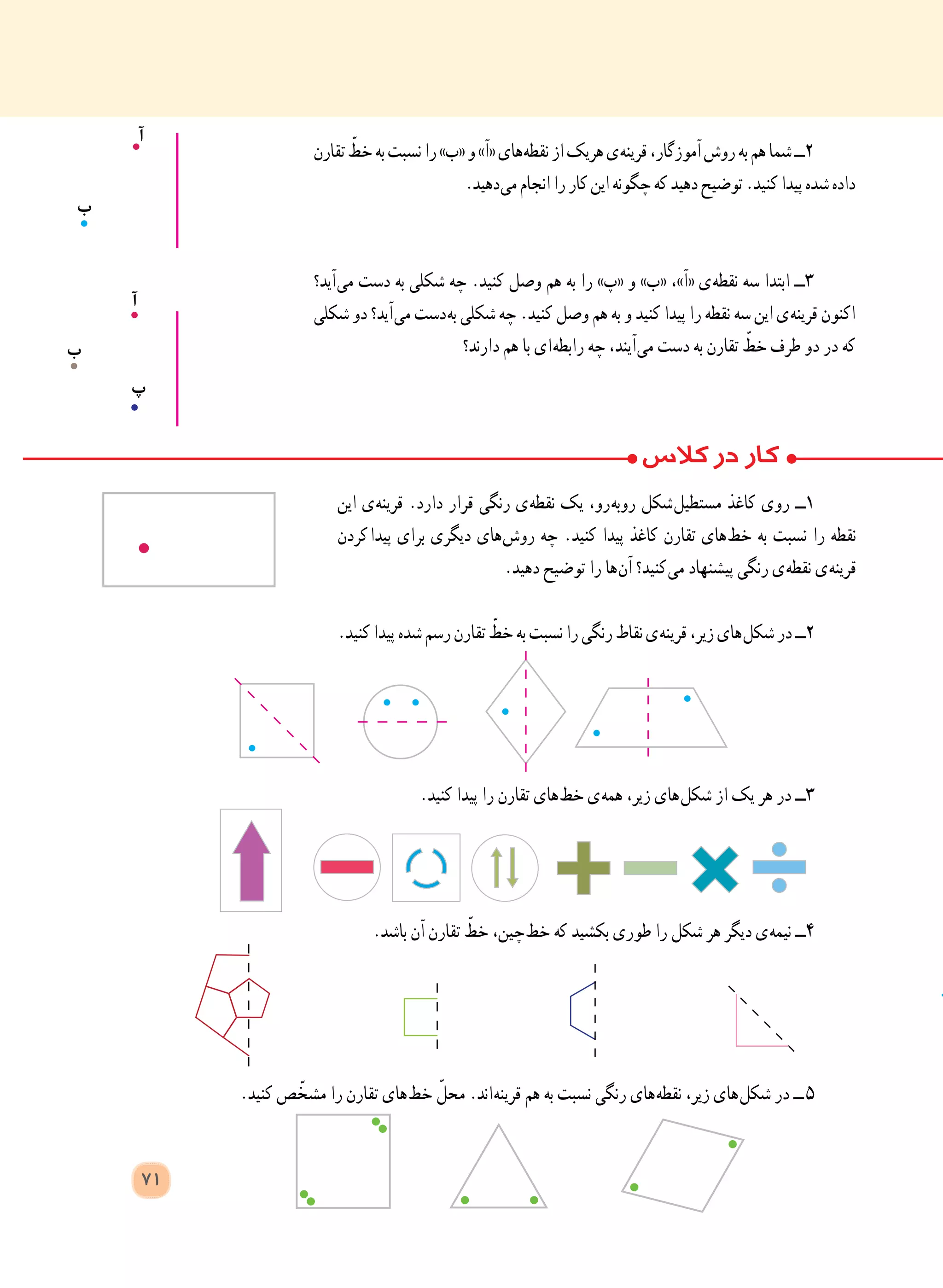 ‫این‬ ‫ ی‬‫ه‬‫قرین‬ .‫دارد‬ ‫قرار‬ ‫رنگی‬ ‫ ی‬‫ه‬‫نقط‬ ‫یک‬ ،‫ رو‬‫ه‬‫روب‬ ‫ شکل‬‫ل‬‫مستطی‬ ‫کاغذ‬ ‫روی‬ ‫١ــ‬
‫  کردن‬‫ا‬‫پید‬ ‫برای‬ ‫دیگری‬ ‫ های‬‫ش‬‫رو‬ ‫چه‬ .‫کنید‬ ‫پیدا‬ ‫کاغذ‬ ‫تقارن‬ ‫ های‬‫ط‬‫خ‬ ‫به‬ ‫نسبت‬ ‫را‬ ‫نقطه‬
.‫دهید‬ ‫توضیح‬ ‫را‬ ‫ ها‬‫ن‬‫آ‬ ‫ کنید؟‬‫ی‬‫م‬ ‫پیشنهاد‬ ‫رنگی‬ ‫ ی‬‫ه‬‫نقط‬ ‫ ی‬‫ه‬‫قرین‬
.‫کنید‬‫پیدا‬‫شده‬‫رسم‬‫تقارن‬ ّ‫خط‬‫به‬‫نسبت‬‫را‬‫رنگی‬‫نقاط‬‫ ی‬‫ه‬‫قرین‬،‫زیر‬‫ های‬‫ل‬‫شک‬‫در‬‫٢ــ‬
.‫کنید‬ ‫پیدا‬ ‫را‬ ‫تقارن‬ ‫ های‬‫ط‬‫خ‬ ‫ ی‬‫ه‬‫هم‬ ،‫زیر‬ ‫ های‬‫ل‬‫شک‬ ‫از‬ ‫یک‬ ‫هر‬ ‫در‬ ‫٣ــ‬
.‫باشد‬ ‫آن‬ ‫تقارن‬ ّ‫خط‬ ،‫ چین‬‫ط‬‫خ‬ ‫که‬ ‫بکشید‬ ‫طوری‬ ‫را‬ ‫شکل‬ ‫هر‬ ‫دیگر‬ ‫ ی‬‫ه‬‫نیم‬ ‫٤ــ‬
.‫کنید‬ ‫ص‬ ّ‫مشخ‬ ‫را‬ ‫تقارن‬ ‫ های‬‫ط‬‫خ‬ ّ‫محل‬ .‫ اند‬‫ه‬‫قرین‬ ‫هم‬ ‫به‬ ‫نسبت‬ ‫رنگی‬ ‫ های‬‫ه‬‫نقط‬ ،‫زیر‬ ‫ های‬‫ل‬‫شک‬ ‫در‬ ‫  ــ‬٥
‫تقارن‬ ّ‫خط‬‫به‬‫نسبت‬‫را‬»‫«ب‬‫و‬»‫«آ‬‫ های‬‫ه‬‫نقط‬‫از‬‫هریک‬‫ ی‬‫ه‬‫قرین‬،‫آموزگار‬‫روش‬‫به‬‫هم‬‫شما‬‫2ــ‬
.‫ دهید‬‫ی‬‫م‬‫انجام‬‫را‬‫کار‬‫این‬‫چگونه‬‫که‬‫دهید‬‫توضیح‬.‫کنید‬‫پیدا‬‫شده‬‫داده‬
‫ آید؟‬‫ی‬‫م‬ ‫دست‬ ‫به‬ ‫شکلی‬ ‫چه‬ .‫کنید‬ ‫وصل‬ ‫هم‬ ‫به‬ ‫را‬ »‫«پ‬ ‫و‬ »‫«ب‬ ،»‫«آ‬ ‫ ی‬‫ه‬‫نقط‬ ‫سه‬ ‫ابتدا‬ ‫٣ــ‬
‫شکلی‬ ‫دو‬ ‫ آید؟‬‫ی‬‫م‬ ‫ دست‬‫ه‬‫ب‬ ‫شکلی‬ ‫چه‬ .‫کنید‬ ‫وصل‬ ‫هم‬ ‫به‬ ‫و‬ ‫کنید‬ ‫پیدا‬ ‫را‬ ‫نقطه‬ ‫سه‬ ‫این‬‫ ی‬‫ه‬‫قرین‬ ‫اکنون‬
‫دارند؟‬ ‫هم‬ ‫با‬ ‫ ای‬‫ه‬‫رابط‬ ‫چه‬ ،‫ آیند‬‫ی‬‫م‬ ‫دست‬ ‫به‬ ‫تقارن‬ ّ‫خط‬ ‫طرف‬ ‫دو‬ ‫در‬ ‫که‬
‫آ‬
‫ب‬
‫آ‬
‫ب‬
‫پ‬
71
 