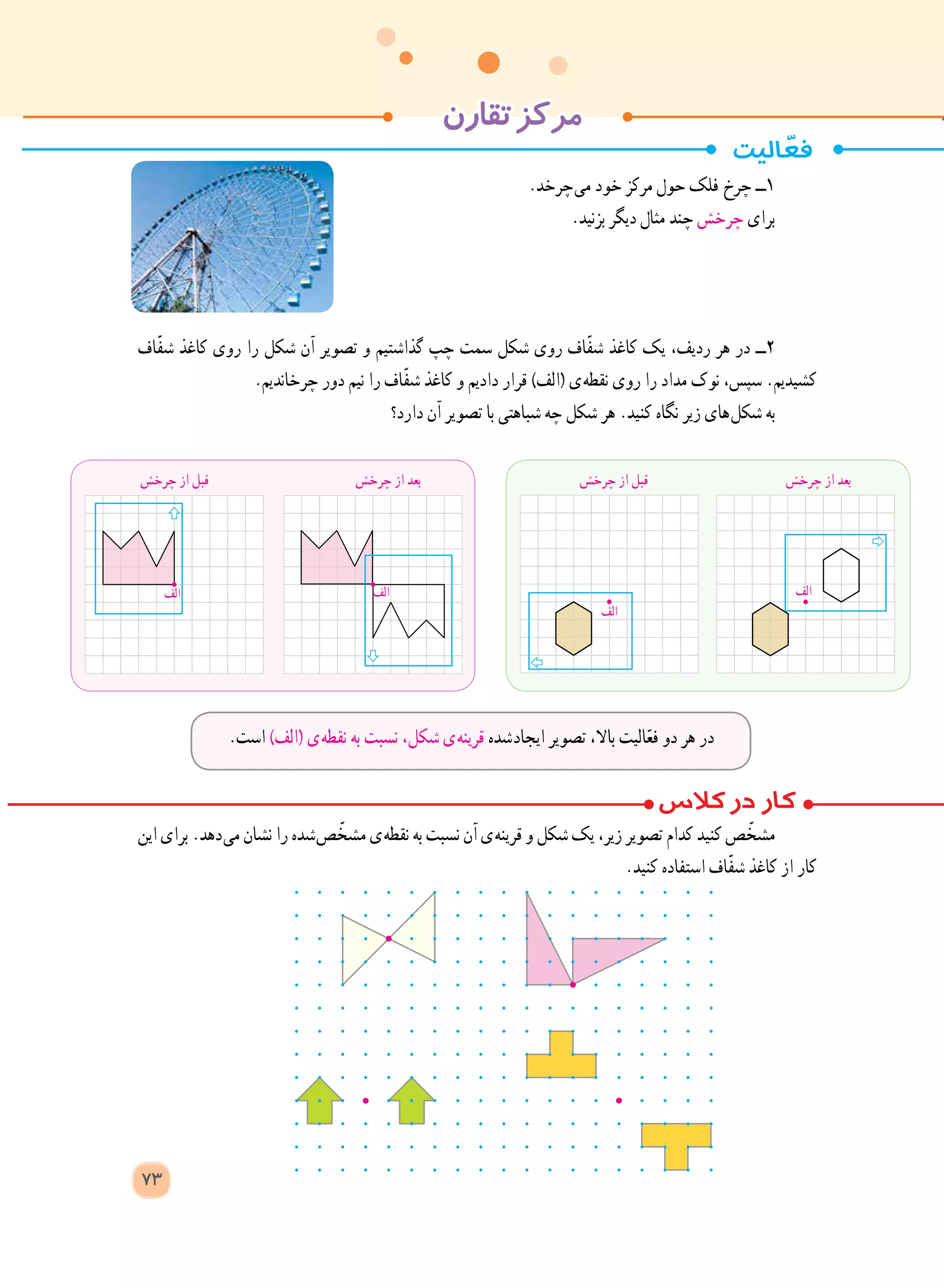 ‫تقارن‬‫مرکز‬
.‫ چرخد‬‫ی‬‫م‬ ‫خود‬ ‫مرکز‬ ‫حول‬ ‫ فلک‬‫چرخ‬ ‫١ــ‬
.‫بزنید‬ ‫دیگر‬ ‫مثال‬ ‫چند‬ ‫چرخش‬ ‫برای‬
‫اف‬ّ‫ف‬‫ش‬ ‫کاغذ‬ ‫روی‬ ‫را‬ ‫شکل‬ ‫آن‬ ‫تصویر‬ ‫و‬ ‫گذاشتیم‬ ‫چپ‬ ‫سمت‬ ‫شکل‬ ‫روی‬ ‫اف‬ّ‫ف‬‫ش‬ ‫کاغذ‬ ‫یک‬ ،‫ردیف‬ ‫هر‬ ‫در‬ ‫٢ــ‬
.‫چرخاندیم‬ ‫دور‬ ‫نیم‬ ‫را‬ ‫اف‬ّ‫ف‬‫ش‬ ‫کاغذ‬ ‫و‬ ‫دادیم‬ ‫قرار‬ )‫(الف‬ ‫ ی‬‫ه‬‫نقط‬ ‫روی‬ ‫را‬ ‫مداد‬ ‫نوک‬ ،‫سپس‬ .‫کشیدیم‬
‫دارد؟‬ ‫آن‬ ‫تصویر‬ ‫با‬ ‫شباهتی‬ ‫چه‬ ‫شکل‬ ‫هر‬ .‫کنید‬ ‫نگاه‬ ‫زیر‬ ‫ های‬‫ل‬‫شک‬ ‫به‬
‫این‬ ‫برای‬ .‫ دهد‬‫ی‬‫م‬ ‫نشان‬ ‫را‬ ‫ شده‬‫ص‬ ّ‫مشخ‬ ‫ ی‬‫ه‬‫نقط‬ ‫به‬ ‫نسبت‬ ‫آن‬ ‫ ی‬‫ه‬‫قرین‬ ‫و‬ ‫شکل‬ ‫یک‬ ،‫زیر‬ ‫تصویر‬ ‫کدام‬ ‫کنید‬ ‫ص‬ ّ‫مشخ‬
.‫کنید‬ ‫استفاده‬ ‫اف‬ّ‫ف‬‫ش‬ ‫کاغذ‬ ‫از‬ ‫کار‬
‫چرخش‬ ‫از‬ ‫قبل‬ ‫چرخش‬ ‫از‬ ‫بعد‬
‫الف‬
‫الف‬
‫چرخش‬ ‫از‬ ‫قبل‬ ‫چرخش‬ ‫از‬ ‫بعد‬
‫الف‬‫الف‬
.‫است‬ )‫(الف‬ ‫ ی‬‫ه‬‫نقط‬ ‫به‬ ‫نسبت‬ ،‫شکل‬ ‫ ی‬‫ه‬‫قرین‬ ‫ شده‬‫د‬‫ایجا‬ ‫تصویر‬ ،‫باال‬ ‫الیت‬ّ‫ع‬‫ف‬ ‫دو‬ ‫هر‬ ‫در‬
73
 