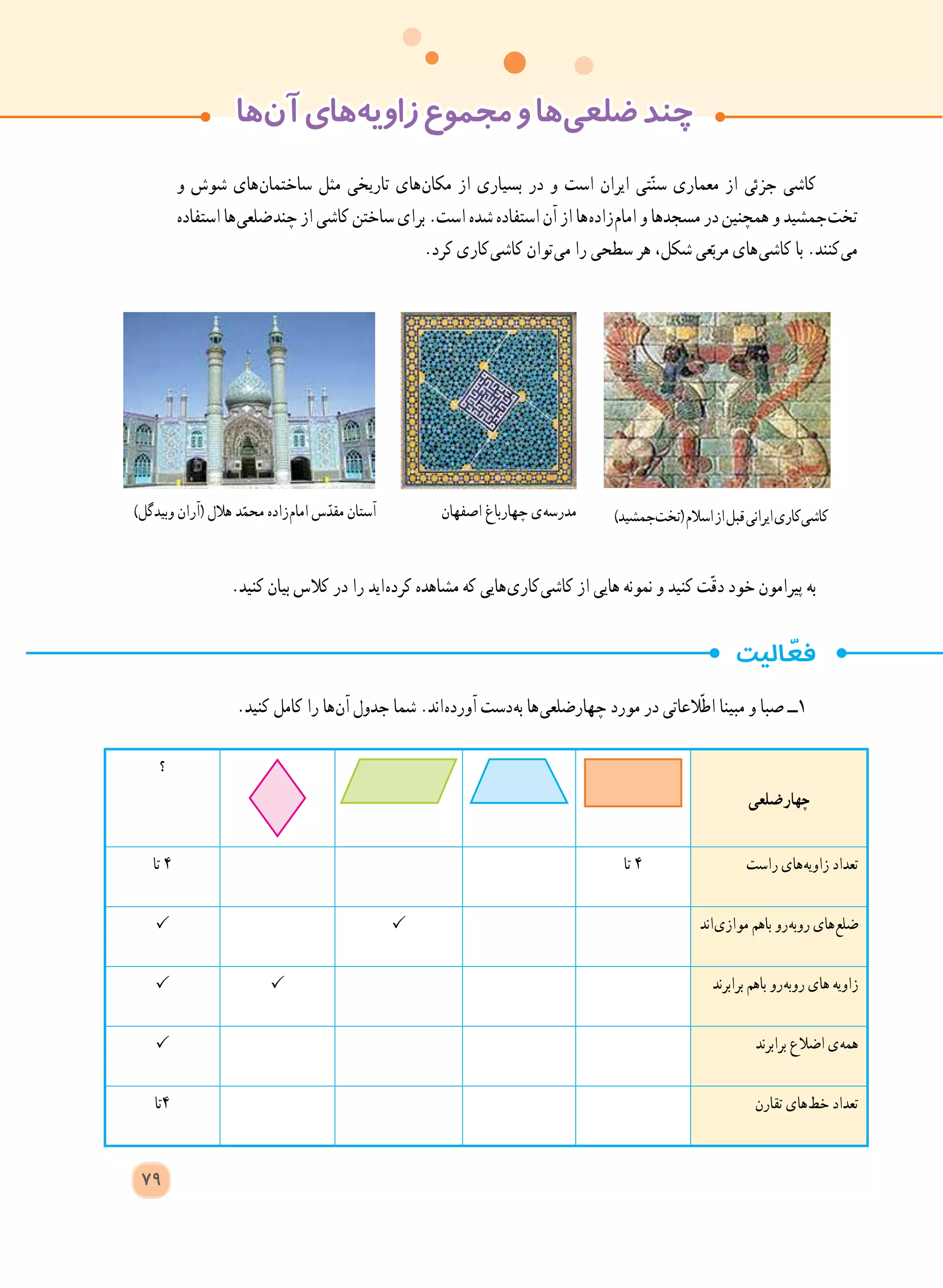 ‫ ها‬‫ن‬‫آ‬‫ های‬‫ه‬‫زاوی‬‫مجموع‬‫و‬‫ ها‬‫ی‬‫ضلع‬‫چند‬
‫و‬ ‫شوش‬ ‫ های‬‫ن‬‫ساختما‬ ‫مثل‬ ‫تاریخی‬ ‫ های‬‫ن‬‫مکا‬ ‫از‬ ‫بسیاری‬ ‫در‬ ‫و‬ ‫است‬ ‫ایران‬ ‫تی‬ّ‫ن‬‫س‬ ‫معماری‬ ‫از‬ ‫جزئی‬ ‫کاشی‬
‫استفاده‬ ‫ ها‬‫ی‬‫ ضلع‬‫د‬‫چن‬ ‫از‬ ‫کاشی‬ ‫ساختن‬ ‫برای‬ .‫است‬ ‫شده‬ ‫استفاده‬ ‫آن‬ ‫از‬ ‫ ها‬‫ه‬‫ زاد‬‫م‬‫اما‬ ‫و‬ ‫مسجدها‬ ‫در‬ ‫همچنین‬ ‫و‬ ‫ جمشید‬‫ت‬‫تخ‬
.‫کرد‬ ‫ کاری‬‫ی‬‫کاش‬ ‫ توان‬‫ی‬‫م‬ ‫را‬ ‫سطحی‬ ‫هر‬ ،‫شکل‬ ‫عی‬ّ‫مرب‬ ‫ های‬‫ی‬‫کاش‬ ‫با‬ .‫ کنند‬‫ی‬‫م‬
.‫کنید‬ ‫بیان‬ ‫کالس‬ ‫در‬ ‫را‬ ‫ اید‬‫ه‬‫کرد‬ ‫مشاهده‬ ‫که‬ ‫ هایی‬‫ی‬‫ کار‬‫ی‬‫کاش‬ ‫از‬ ‫هایی‬ ‫نمونه‬ ‫و‬ ‫کنید‬ ‫ت‬ّ‫ق‬‫د‬ ‫خود‬ ‫پیرامون‬ ‫به‬
.‫کنید‬ ‫کامل‬ ‫را‬ ‫ ها‬‫ن‬‫آ‬ ‫جدول‬ ‫شما‬ .‫ اند‬‫ه‬‫آورد‬ ‫ دست‬‫ه‬‫ب‬ ‫ ها‬‫ی‬‫چهارضلع‬ ‫مورد‬ ‫در‬ ‫العاتی‬ّ‫ط‬‫ا‬ ‫مبینا‬ ‫و‬ ‫صبا‬ ‫١ــ‬
‫چهارضلعی‬
‫؟‬
‫راست‬ ‫ های‬‫ه‬‫زاوی‬ ‫تعداد‬‫تا‬ ٤‫تا‬ ٤
‫ اند‬‫ی‬‫مواز‬ ‫باهم‬ ‫ رو‬‫ه‬‫روب‬ ‫ های‬‫ع‬‫ضل‬
‫برابرند‬ ‫باهم‬ ‫ رو‬‫ه‬‫روب‬ ‫های‬ ‫زاویه‬
‫برابرند‬ ‫اضالع‬ ‫ ی‬‫ه‬‫هم‬
‫تقارن‬ ‫ های‬‫ط‬‫خ‬ ‫تعداد‬‫٤تا‬
79
)‫ جمشید‬‫ت‬‫(تخ‬‫اسالم‬‫از‬‫قبل‬‫ایرانی‬‫ کاری‬‫ی‬‫کاش‬‫اصفهان‬ ‫چهارباغ‬ ‫ ی‬‫ه‬‫مدرس‬)‫وبیدگل‬ ‫(آران‬ ‫هالل‬ ‫د‬ّ‫محم‬ ‫ زاده‬‫م‬‫اما‬ ‫س‬ّ‫مقد‬ ‫آستان‬
 