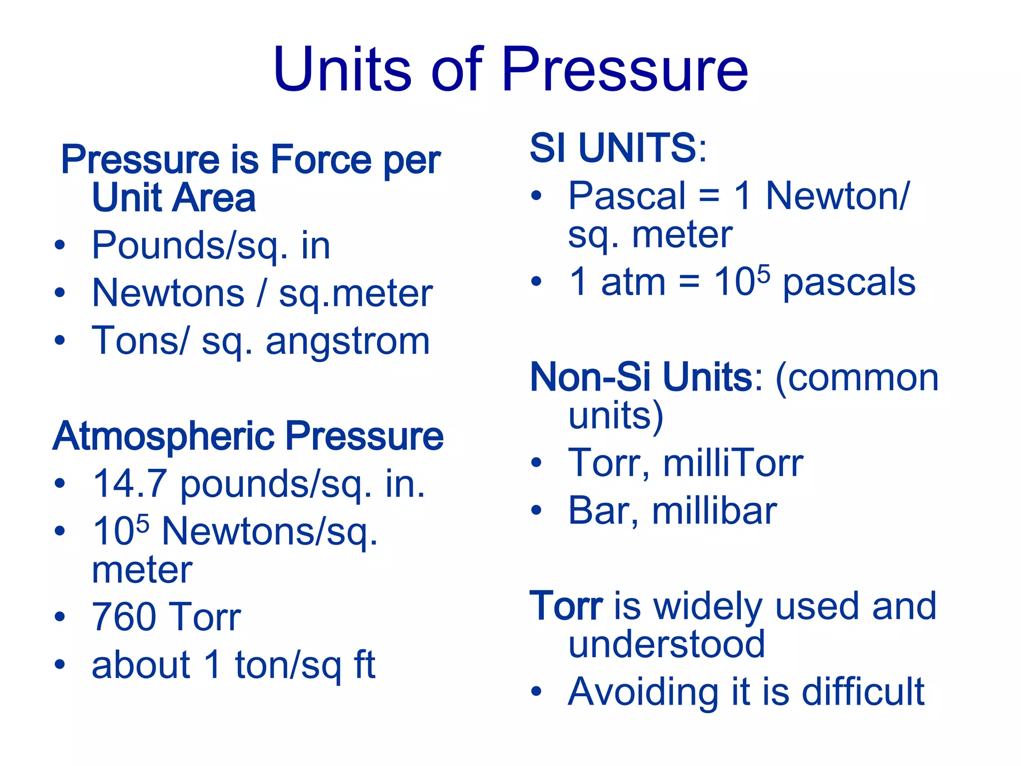 Units of Pressure
Pressure is Force per
Unit Area
• Pounds/sq. in
• Newtons / sq.meter
• Tons/ sq. angstrom
Atmospheric Pressure
• 14.7 pounds/sq. in.
• 105 Newtons/sq.
meter
• 760 Torr
• about 1 ton/sq ft
SI UNITS:
• Pascal = 1 Newton/
sq. meter
• 1 atm = 105 pascals
Non-Si Units: (common
units)
• Torr, milliTorr
• Bar, millibar
Torr is widely used and
understood
• Avoiding it is difficult
 