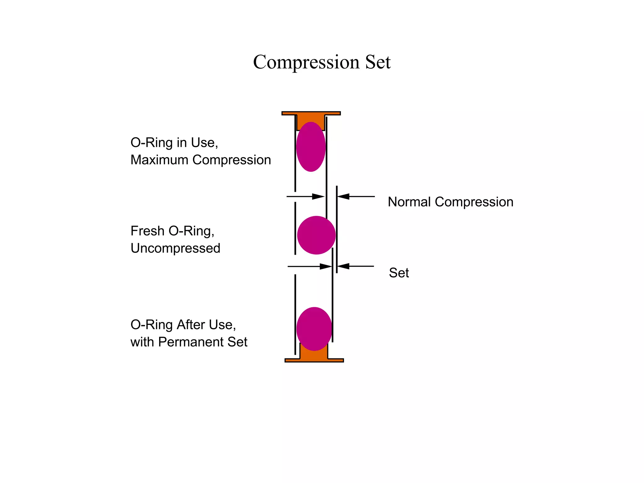 Compression Set
Fresh O-Ring,
Uncompressed
O-Ring in Use,
Maximum Compression
O-Ring After Use,
with Permanent Set
Normal Compression
Set
 