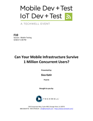 F10	
Session	-	Mobile	Testing	
4/28/17	1:00	PM	
	
	
	
	
	
	
Can	Your	Mobile	Infrastructure	Survive	
1	Million	Concurrent	Users?	
	
Presented	by:	
	
Siva	Katir	
PlayFab	
	
	
	
Brought	to	you	by:		
		
	
	
	
	
350	Corporate	Way,	Suite	400,	Orange	Park,	FL	32073		
888---268---8770	··	904---278---0524	-	info@techwell.com	-	https://www.techwell.com/		
 