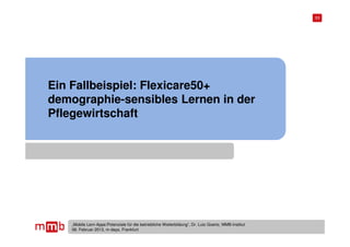 11




Ein Fallbeispiel: Flexicare50+
demographie-sensibles Lernen in der
Pflegewirtschaft




    „Mobile Lern-Apps:Potenziale für die betriebliche Weiterbildung“, Dr. Lutz Goertz, MMB-Institut
    06. Februar 2013, m-days, Frankfurt
 
