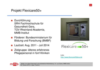 12




Projekt Flexicare50+

  Durchführung:
  SRH Fachhochschule für
  Gesundheit Gera,
  TÜV Rheinland Akademie,
  MMB-Institut
  Förderer: Bundesministerium für
  Bildung und Forschung (BMBF)
  Laufzeit: Aug. 2011 - Juli 2014
  Zielgruppe: älteres erfahrenes
  Pflegepersonal in fünf Kliniken
                                                                                    Link:
                                                                                    http://www.flexicare50plus.de


       „Mobile Lern-Apps:Potenziale für die betriebliche Weiterbildung“, Dr. Lutz Goertz, MMB-Institut
       06. Februar 2013, m-days, Frankfurt
 