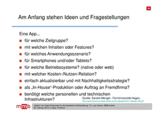 29




Am Anfang stehen Ideen und Fragestellungen

Eine App...
  für welche Zielgruppe?
  mit welchen Inhalten oder Features?
  für welches Anwendungsszenario?
  für Smartphones und/oder Tablets?
  für welche Betriebssysteme? (native oder web)
  mit welcher Kosten-/Nutzen-Relation?
  einfach aktualisierbar und mit Nachhaltigkeitsstrategie?
  als „In-House“-Produktion oder Auftrag an Fremdfirma?
  benötigt welche personellen und technischen
                               Quelle: Sandro Mengel - FernUniversität Hagen,
  Infrastrukturen?             http://mlearning.fernuni-hagen.de/wp-content/uploads/2012/11/Mengel_WS.pdf

         „Mobile Lern-Apps:Potenziale für die betriebliche Weiterbildung“, Dr. Lutz Goertz, MMB-Institut
         06. Februar 2013, m-days, Frankfurt
 