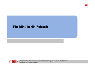 32




Ein Blick in die Zukunft




    „Mobile Lern-Apps:Potenziale für die betriebliche Weiterbildung“, Dr. Lutz Goertz, MMB-Institut
    06. Februar 2013, m-days, Frankfurt
 