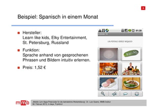 5




Beispiel: Spanisch in einem Monat

  Hersteller:
  Learn like kids, Elky Entertainment,
  St. Petersburg, Russland
  Funktion:
  Sprache anhand von gesprochenen
  Phrasen und Bildern intuitiv erlernen.
  Preis: 1,52 €




       „Mobile Lern-Apps:Potenziale für die betriebliche Weiterbildung“, Dr. Lutz Goertz, MMB-Institut
       06. Februar 2013, m-days, Frankfurt
 