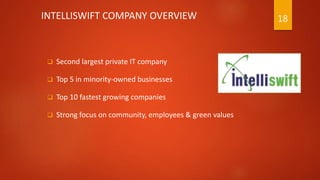  Second largest private IT company
 Top 5 in minority-owned businesses
 Top 10 fastest growing companies
 Strong focus on community, employees & green values
18INTELLISWIFT COMPANY OVERVIEW
 