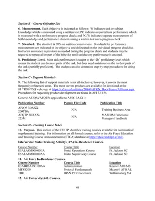 48
Section B – Course Objective List
6. Measurement. Each objective is indicated as follows: W indicates task or subject
knowledge which is measured using a written test; PC indicates required task performance which
is measured with a performance progress check; and PC/W indicates separate measurement of
both knowledge and performance elements using a written test and a progress check.
7. Standard. The standard is 70% on written examinations. Standards for performance
measurement are indicated in the objective and delineated on the individual progress checklist.
Instructor assistance is provided as needed during the progress check and students may be
required to repeat all or part of the behavior until satisfactory performance is attained.
8. Proficiency Level. Most task performance is taught to the “2b” proficiency level which
means the student can do most parts of the task, but does need assistance on the hardest parts of
the task (partially proficient). The student can also determine step-by-step procedures for doing
the task.
Section C - Support Materials
9. The following list of support materials is not all-inclusive; however, it covers the most
frequently referenced areas. The most current products are available for download at the
81 TRSS/TSQ web page at https://cs3.eis.af.mil/sites/20946/AFKN_Docs/Forms/AllItems.aspx.
Procedures for requesting product development are found in AFI 33-154.
Generic AFJQSs/AFQTPs applicable to AFSC 3A1X1:
Publication Number Pseudo File Code Publication Title
AFJQS 3DXXX-
200TBA
N/A Training Business Area
AFQTP 3DXXX-
225M
N/A
MAJCOM Functional
Managers Handbook
Section D - Training Course Index
10. Purpose. This section of the CFETP identifies training courses available for continuation/
supplemental training. For information on all formal courses, refer to the Air Force Education
and Training Course Announcements (ETCA) database at https://etca.randolph.af.mil/.
Interservice Postal Training Activity (IPA) In–Residence Courses.
Course Number Course Title Location
E5ALA8M000 00BA Postal Operations Course Ft. Jackson SC
E5ALA8M000 00AA Postal Supervisory Course Ft. Jackson SC
11. Air Force In-Residence Courses.
Course Number Course Title Location
E3ABR3A1X1 00AA Administration Keesler AFB MS
MFSS200 Protocol Fundamentals Maxwell AFB AL
TBD DISN VTC Facilitator Williamsburg VA
12. Air University/A4L Courses.
 