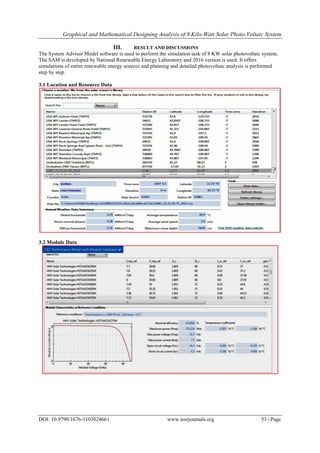 Graphical and Mathematical Designing Analysis of 8 Kilo-Watt Solar Photo-Voltaic System
DOI: 10.9790/1676-1103024661 www.iosrjournals.org 53 | Page
III. RESULT AND DISCUSSIONS
The System Advisor Model software is used to perform the simulation task of 8 KW solar photovoltaic system.
The SAM is developed by National Renewable Energy Laboratory and 2016 version is used. It offers
simulations of entire renewable energy sources and planning and detailed photovoltaic analysis is performed
step by step.
3.1 Location and Resource Data
3.2 Module Data
 