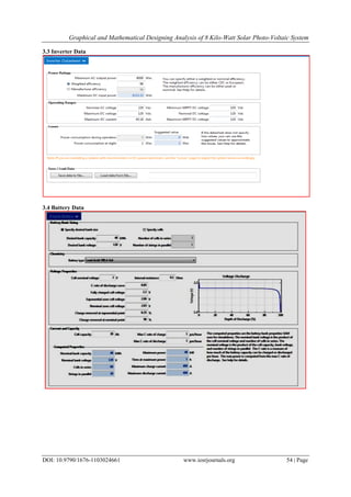 Graphical and Mathematical Designing Analysis of 8 Kilo-Watt Solar Photo-Voltaic System
DOI: 10.9790/1676-1103024661 www.iosrjournals.org 54 | Page
3.3 Inverter Data
3.4 Battery Data
 