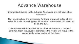 Shipments delivered to the Advance Warehouse are still trade show
shipments.
They must include the accessorial for trade show and follow all the
rules for trade show shipping. All required information still needs to
be on the BOL.
The Advance Warehouse will be an off site location or a carrier’s
terminal. From the Advance Warehouse the freight will move to the
venue by the move in date of the show.
 