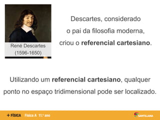 Descartes, considerado
o pai da filosofia moderna,
criou o referencial cartesiano.
René Descartes
(1596-1650)
Utilizando um referencial cartesiano, qualquer
ponto no espaço tridimensional pode ser localizado.
 