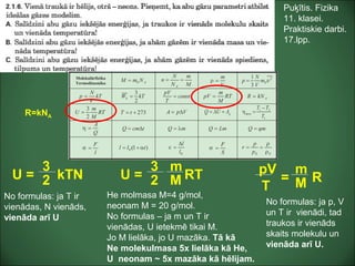 Puķītis. Fizika
11. klasei.
Praktiskie darbi.
17.lpp.
U = kTN
3
2 U = RT
3
2
m
M = R
pV
T
m
M
R=kNA
No formulas: ja T ir
vienādas, N vienāds,
vienāda arī U
He molmasa M=4 g/mol,
neonam M = 20 g/mol.
No formulas – ja m un T ir
vienādas, U ietekmē tikai M.
Jo M lielāka, jo U mazāka. Tā kā
Ne molekulmasa 5x lielāka kā He,
U neonam ~ 5x mazāka kā hēlijam.
No formulas: ja p, V
un T ir vienādi, tad
traukos ir vienāds
skaits molekulu un
vienāda arī U.
 