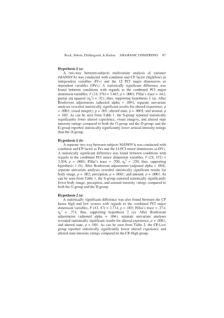 Rock, Abbott, Childargushi, & Kiehne SHAMANIC CONDITIONS 87
Hypothesis 1 (a)
A two-way between-subjects multivariate analysis of variance
(MANOVA) was conducted with condition and CP factor (high/low) as
independent variables (IVs) and the 12 PCI major dimensions as
dependent variables (DVs). A statistically significant difference was
found between conditions with regards to the combined PCI major
dimension variables, F (24, 176) = 3.465, p = .0001; Pillai’s trace = .642;
partial eta squared ( p
2
) = .321, thus, supporting hypothesis 1 (a). After
Bonferroni adjustments (adjusted alpha = .004), separate univariate
analyses revealed statistically significant results for altered experience, p
= .0001; visual imagery, p = .001; altered state, p = .0001; and arousal, p
= .002. As can be seen from Table 1, the S-group reported statistically
significantly lower altered experience, visual imagery, and altered state
intensity ratings compared to both the G-group and the D-group; and the
G-group reported statistically significantly lower arousal intensity ratings
than the D-group.
Hypothesis 1 (b)
A separate two-way between-subjects MANOVA was conducted with
condition and CP factor as IVs and the 14 PCI minor dimensions as DVs.
A statistically significant difference was found between conditions with
regards to the combined PCI minor dimension variables, F (28, 172) =
3.304, p = .0001; Pillai’s trace = .700; p
2
= .350, thus, supporting
hypothesis 1 (b). After Bonferroni adjustments (adjusted alpha = .004),
separate univariate analyses revealed statistically significant results for
body image, p = .002; perception, p = .0001; and amount, p = .0001. As
can be seen from Table 1, the S-group reported statistically significantly
lower body image, perception, and amount intensity ratings compared to
both the G-group and the D-group.
Hypothesis 2 (a)
A statistically significant difference was also found between the CP
factor high and low scorers with regards to the combined PCI major
dimension variables, F (12, 87) = 2.734, p = .003; Pillai’s trace = .274;
p
2
= .274, thus, supporting hypothesis 2 (a). After Bonferroni
adjustments (adjusted alpha = .004), separate univariate analyses
revealed statistically significant results for altered experience, p = .0001,
and altered state, p = .001. As can be seen from Table 2, the CP-Low
group reported statistically significantly lower altered experience and
altered state intensity ratings compared to the CP-High group.
 