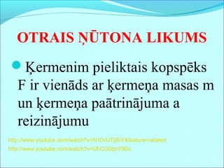 OTRAIS ŅŪTONA LIKUMS
Ķermenim pieliktais kopspēks
F ir vienāds ar ķermeņa masas m
un ķermeņa paātrinājuma a
reizinājumu
http://www.youtube.com/watch?v=N10vUTjiSiY&feature=related
http://www.youtube.com/watch?v=UhCG0qoY9Dc
 
