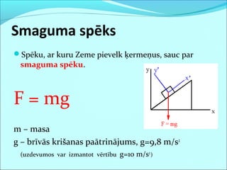 Smaguma spēks
Spēku, ar kuru Zeme pievelk ķermeņus, sauc par
smaguma spēku.
F = mg
m – masa
g – brīvās krišanas paātrinājums, g=9,8 m/s2
(uzdevumos var izmantot vērtību g=10 m/s2
)
 