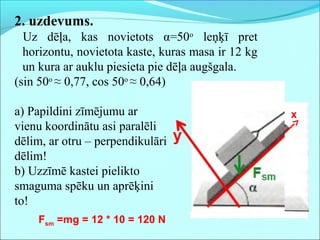 2. uzdevums.
Uz dēļa, kas novietots α=50o
leņķī pret
horizontu, novietota kaste, kuras masa ir 12 kg
un kura ar auklu piesieta pie dēļa augšgala.
(sin 50o
≈ 0,77, cos 50o
≈ 0,64)
a) Papildini zīmējumu ar
vienu koordinātu asi paralēli
dēlim, ar otru – perpendikulāri
dēlim!
b) Uzzīmē kastei pielikto
smaguma spēku un aprēķini
to!
x
y
Fsm
Fsm =mg = 12 * 10 = 120 N
 