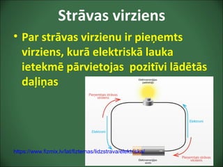 Strāvas virziens
• Par strāvas virzienu ir pieņemts
virziens, kurā elektriskā lauka
ietekmē pārvietojas pozitīvi lādētās
daļiņas
https://www.fizmix.lv/lat/fiztemas/lidzstrava/elektriska/
 