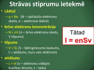 Strāvas stiprumu ietekmē
• Lādiņš
– q = Ne (N – izplūdušo elektronu
skaits, e – elektrona lādiņš)
• brīvo elektronu koncentrācija
– N = nV (n – brīvo elektronu skaits,
V tilpums)
• tilpums
– V = SL (S – šķērsgriezuma laukums,
L – attālums, kuru veic elektroni)
• attālums
– L = vt (v – elektronu vidējais
kustības ātrums, t – laiks)
Tātad
I = enSv
 
