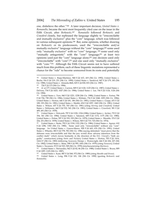 2006] The Misreading of Zafiro v. United States 195
one, disbelieve the other.”246 A later important decision, United States v.
Romanello, became the next most frequently cited case on the issue in the
Fifth Circuit, after Berkowitz.247 Romanello followed Berkowitz and
Crawford closely, but rephrased the language slightly to “irreconcilable
and mutually exclusive” plus the “core” language, which was followed
in various subsequent opinions.248 But, some opinions, whether drawing
on Berkowitz or its predecessors, used the “irreconcilable and/or
mutually exclusive” language without the “core” language;249 some used
only “mutually exclusive” with no “core” language; 250 some used only
“mutually antagonistic” with the “core” language;251 at least two
opinions used just the “core” language alone;252 one decision used only
“irreconcilable” with “core”;253 and one used only “mutually exclusive”
with “core.”254 Although the Fifth Circuit seems not to have suffered
much from this problem, each of these linguistic mutations represented a
chance for the “rule” to become unmoored from its roots and potentially
246 United States v. Rojas-Martinez, 968 F.2d 415, 419 (5th Cir. 1992); United States v.
Rocha, 916 F.2d 219, 231 (5th Cir. 1990); United States v. Sandoval, 847 F.2d 179, 183 (5th
Cir. 1988); United States v. Almeida-Biffi, 825 F.2d 830, 833 (5th Cir. 1987).
247 726 F.2d 173 (5th Cir. 1984).
248 Id. at 177; United States v. Carrion, 809 F.2d 1120, 1125 (5th Cir. 1987); United States v.
DeVeau, 734 F.2d 1023, 1027 (5th Cir. 1984); United States v. Lee, 744 F.2d 1124, 1126 (5th
Cir. 1984).
249 United States v. Toro, 840 F.2d 1221, 1238 (5th Cir. 1988); United States v. Fortna, 796
F.2d 724, 738 (5th Cir. 1986); United States v. Webster, 734 F.2d 1048, 1053 (5th Cir. 1984);
United States v. Horton, 646 F.2d 181, 186 (5th Cir. 1981); United States v. Grapp, 653 F.2d
189, 193 (5th Cir. 1981); United States v. Sheikh, 654 F.2d 1057, 1065 (5th Cir. 1981); United
States v. Wilson, 657 F.2d 755, 765 (5th Cir. 1981) (citing Herring and Crawford); United
States v. DeSimone, 660 F.2d 532, 541 (5th Cir. 1981); United States v. Crawford, 581 F.2d
489, 491 (5th Cir. 1978).
250 United States v. Holcomb, 797 F.2d 1320, 1324 (1986); United States v. Archer, 733 F.2d
354, 361 (5th Cir. 1984); United States v. Salomon, 609 F.2d 1172, 1175 (5th Cir. 1980);
United States v. Dohm, 597 F.2d 535, 539 (5th Cir. 1979); United States v. Marable, 574 F.2d
224, 231 (5th Cir. 1978); United States v. Wilson, 500 F.2d 715, 723 (5th Cir. 1974).
251 United States v. Stotts, 792 F.2d 1318, 1321 (5th Cir. 1986); United States v. Aguiar, 610
F.2d 1296, 1302 (5th Cir. 1980). Some used only “irreconcilable” without any “core”
language. See United States v. Guerra-Marez, 928 F.2d 665, 676 (5th Cir. 1991); United
States v. Wheeler, 802 F.2d 778, 782 (5th Cir. 1986) (saying defendant “must prove that the
defenses were irreconcilable and that the jury would draw adverse inferences from the
conflict itself,” which moves hesitantly in the direction of the D.C. Circuit’s “both are
guilty” construction) (citing Stotts and Nichols); United States v. Horton, 705 F.2d 1414,
1416-17 (5th Cir. 1983) (following Swanson); Demps v. Wainwright, 666 F.2d 224, 227 (5th
Cir. 1982); United States v. Mota, 598 F.2d 995, 1001 (5th Cir. 1979) (citing Swanson); United
States v. Swanson, 572 F.2d 523, 528 (5th Cir. 1978) (mischaracterizing Martinez).
252 United States v. Hernandez, 842 F.2d 82, 86 (5th Cir. 1988); United States v. Bruno, 809
F.2d 1097, 1103 (5th Cir. 1987).
253 United States v. Kane, 887 F.2d 568, 572 (5th Cir. 1989) (citing Marable and Bruno).
254 United States v. Long, 894 F.2d 101, 106 (5th Cir. 1990) (quoting Berkowitz and
Romanello).
 